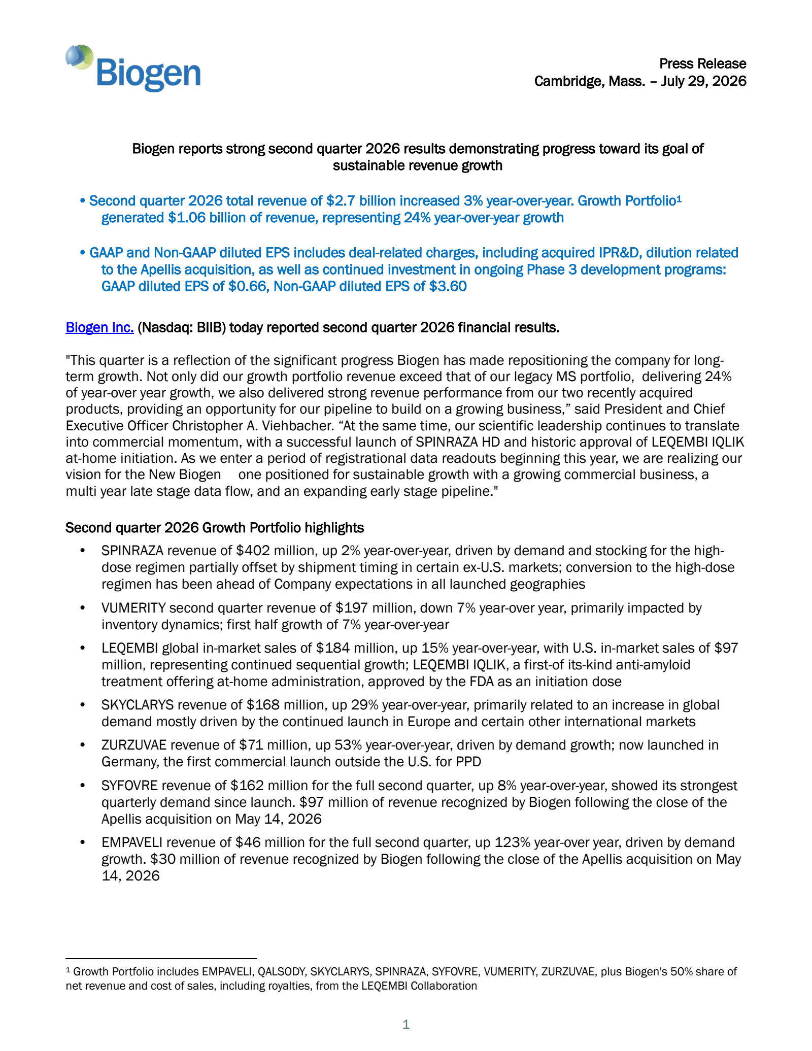 Biogen's Q2 2026 Press Release