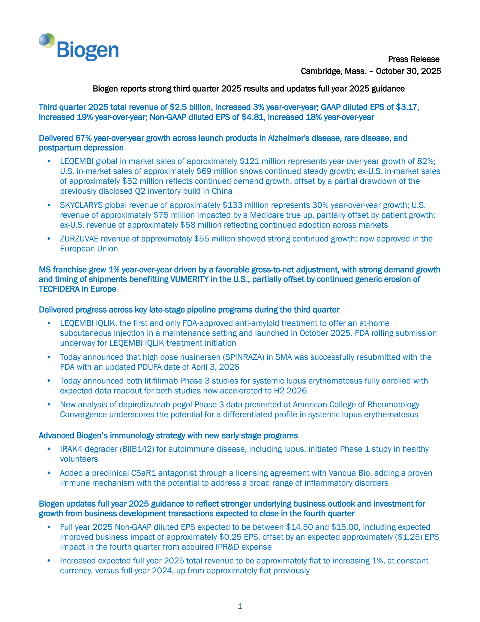 Biogen's Q3 2025 Earnings Release
