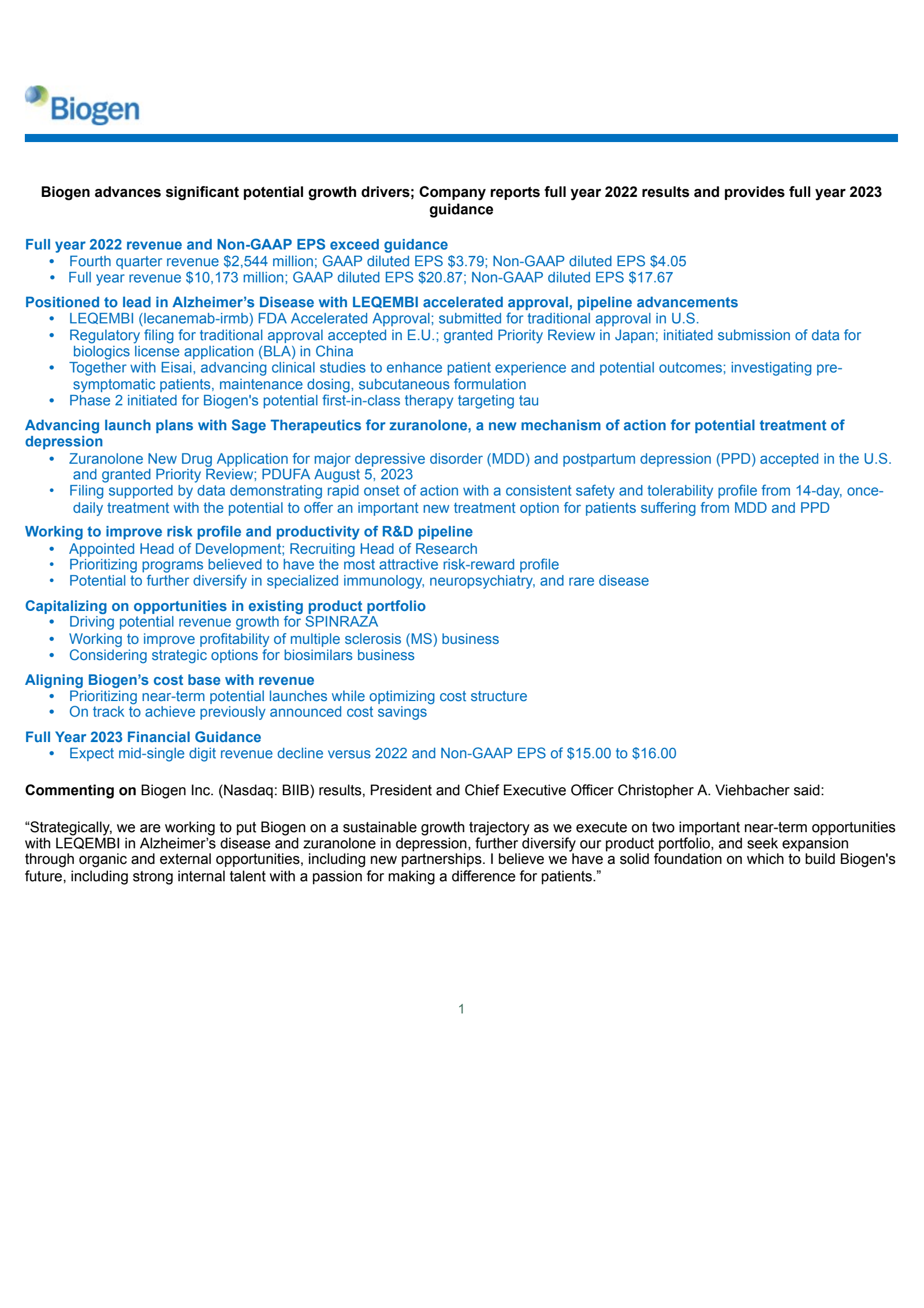 Biogen's Q4 2022 Earnings Release