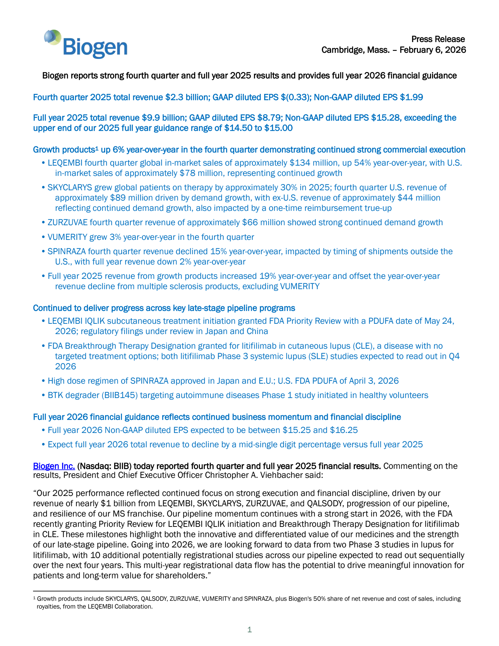 Biogen's Q4 2025 Press Release