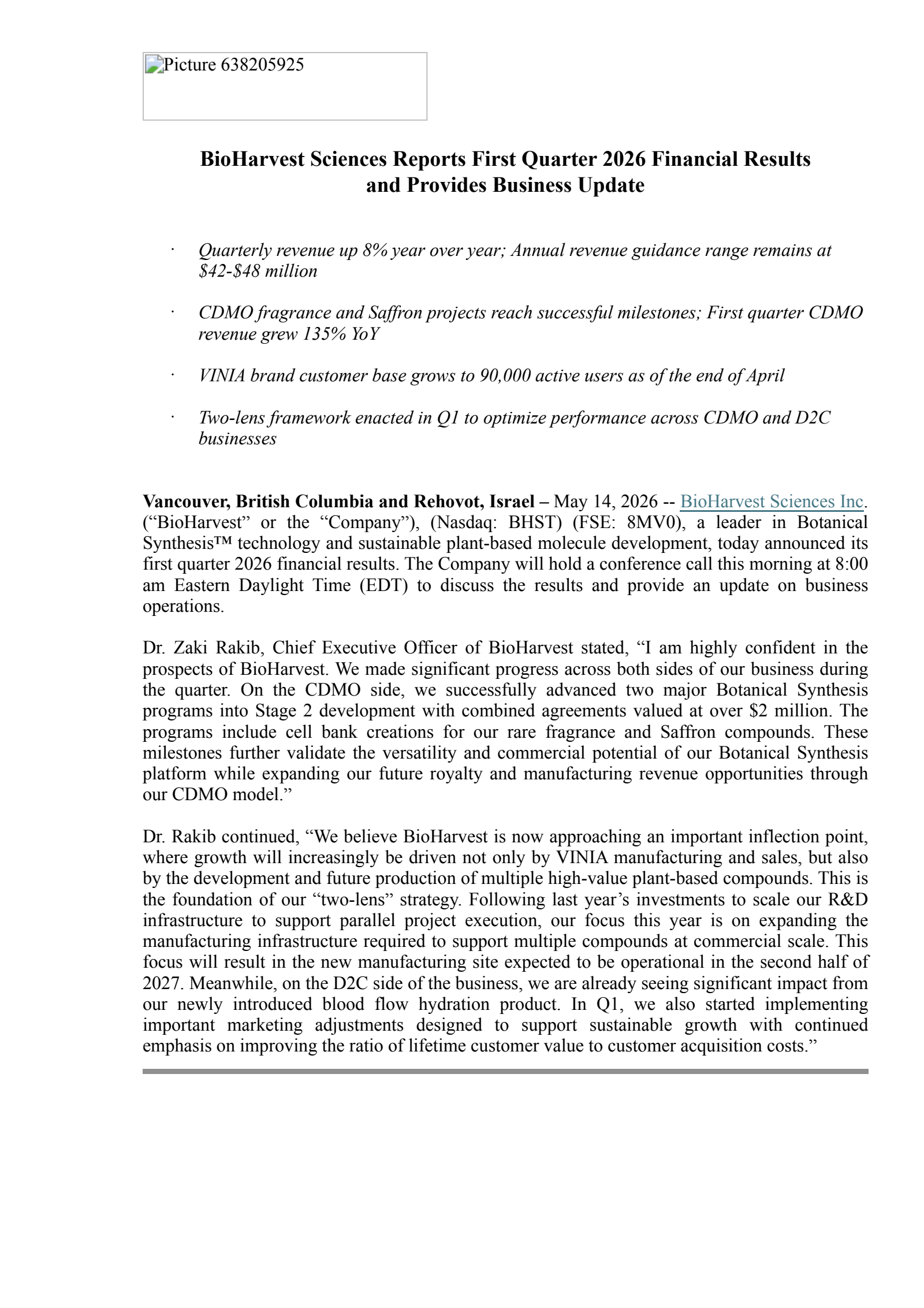 BioHarvest Sciences' Q1 2026 Press Release