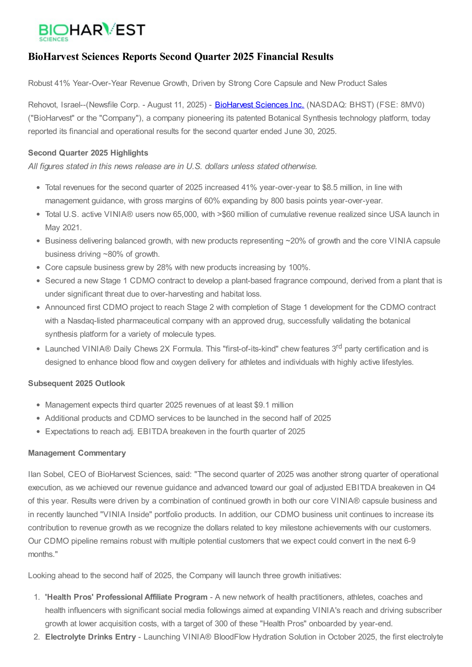 BioHarvest Sciences' Q2 2025 Press Release