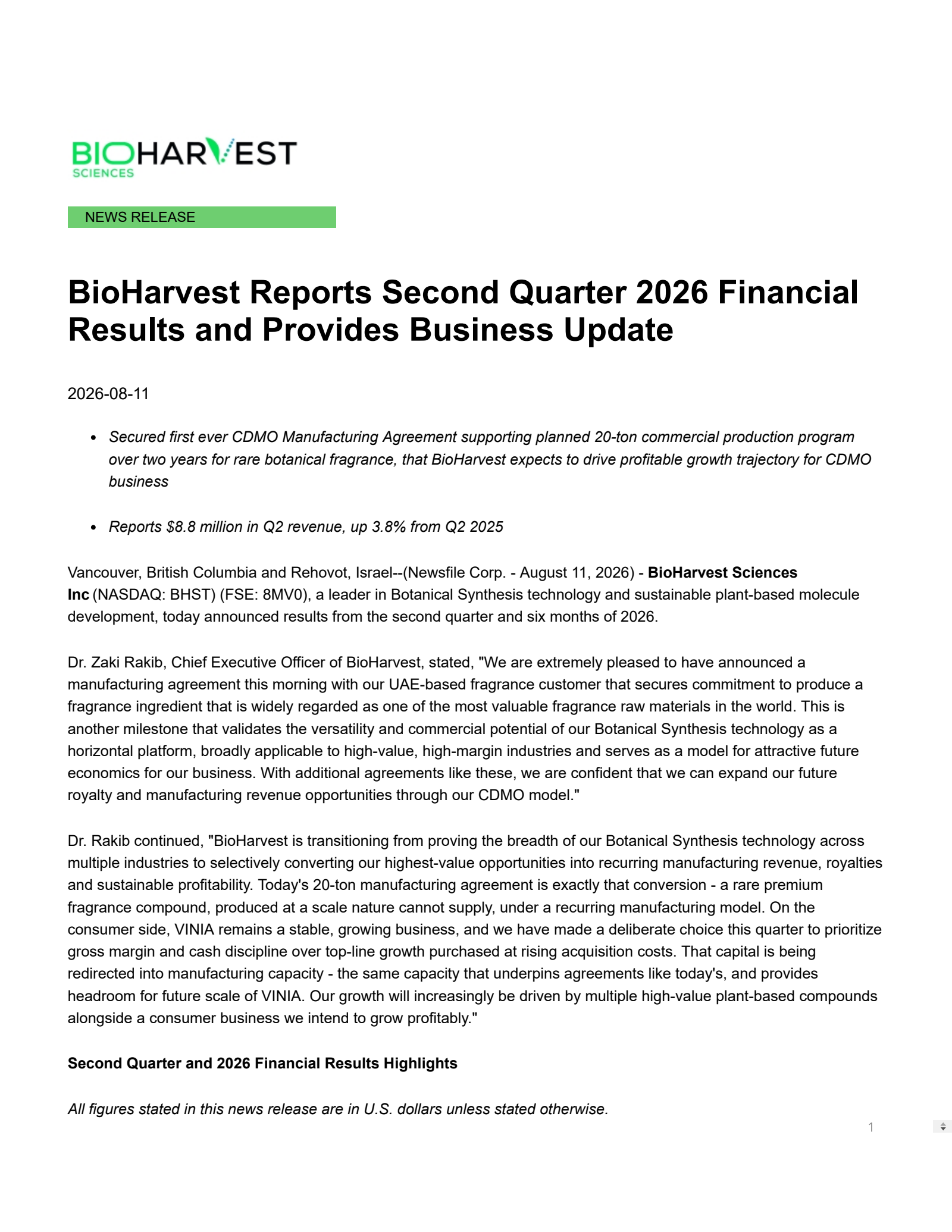BioHarvest Sciences' Q2 2026 Press Release