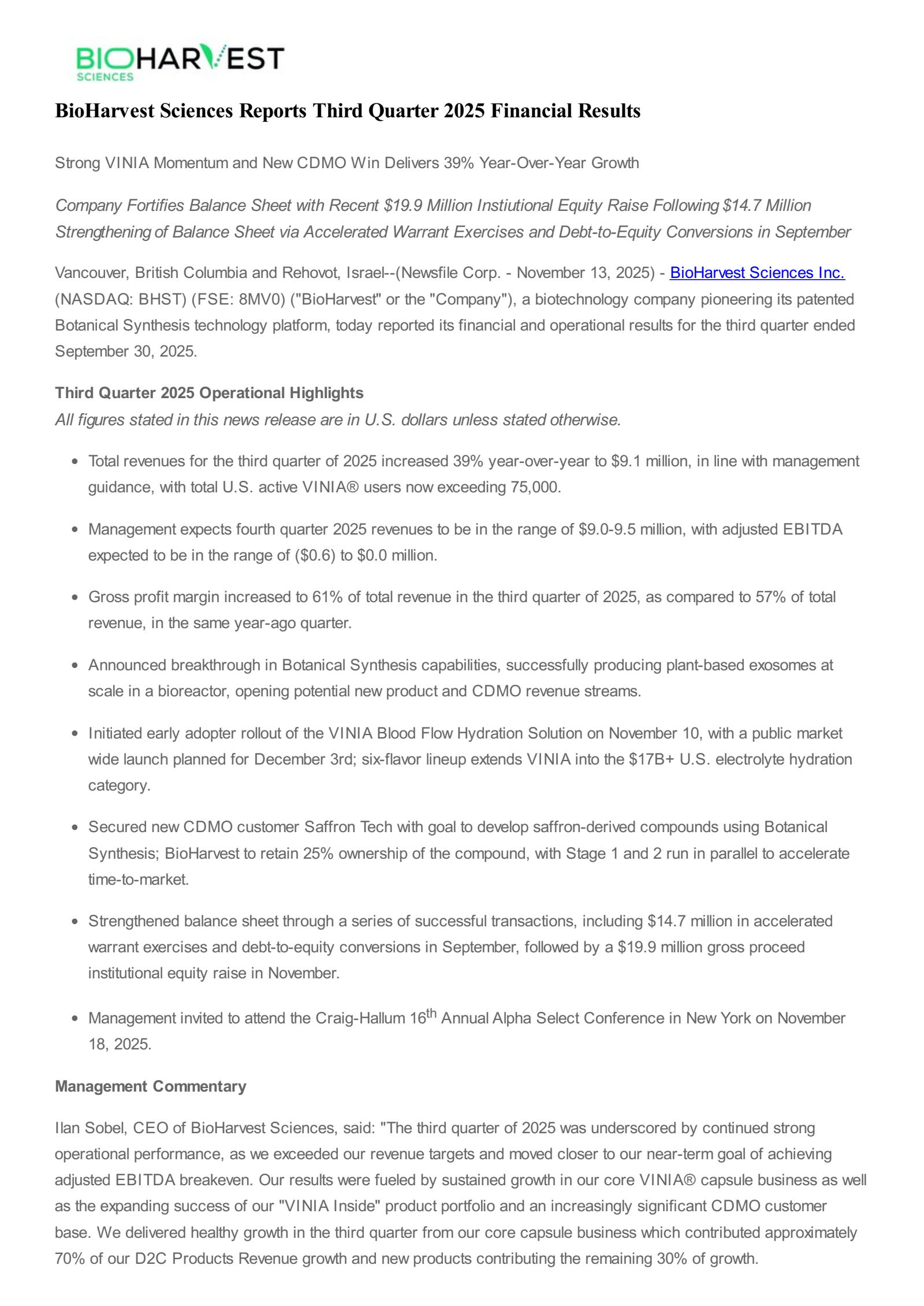 BioHarvest Sciences' Q3 2025 Press Release
