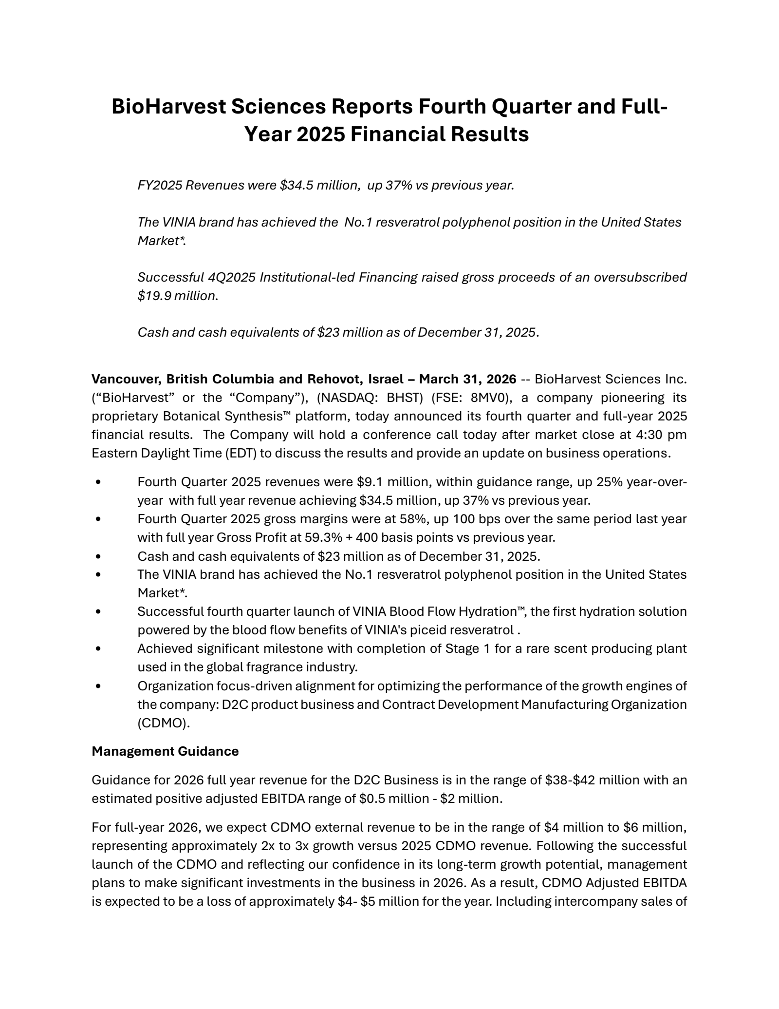 BioHarvest Sciences' Q4 2025 Press Release