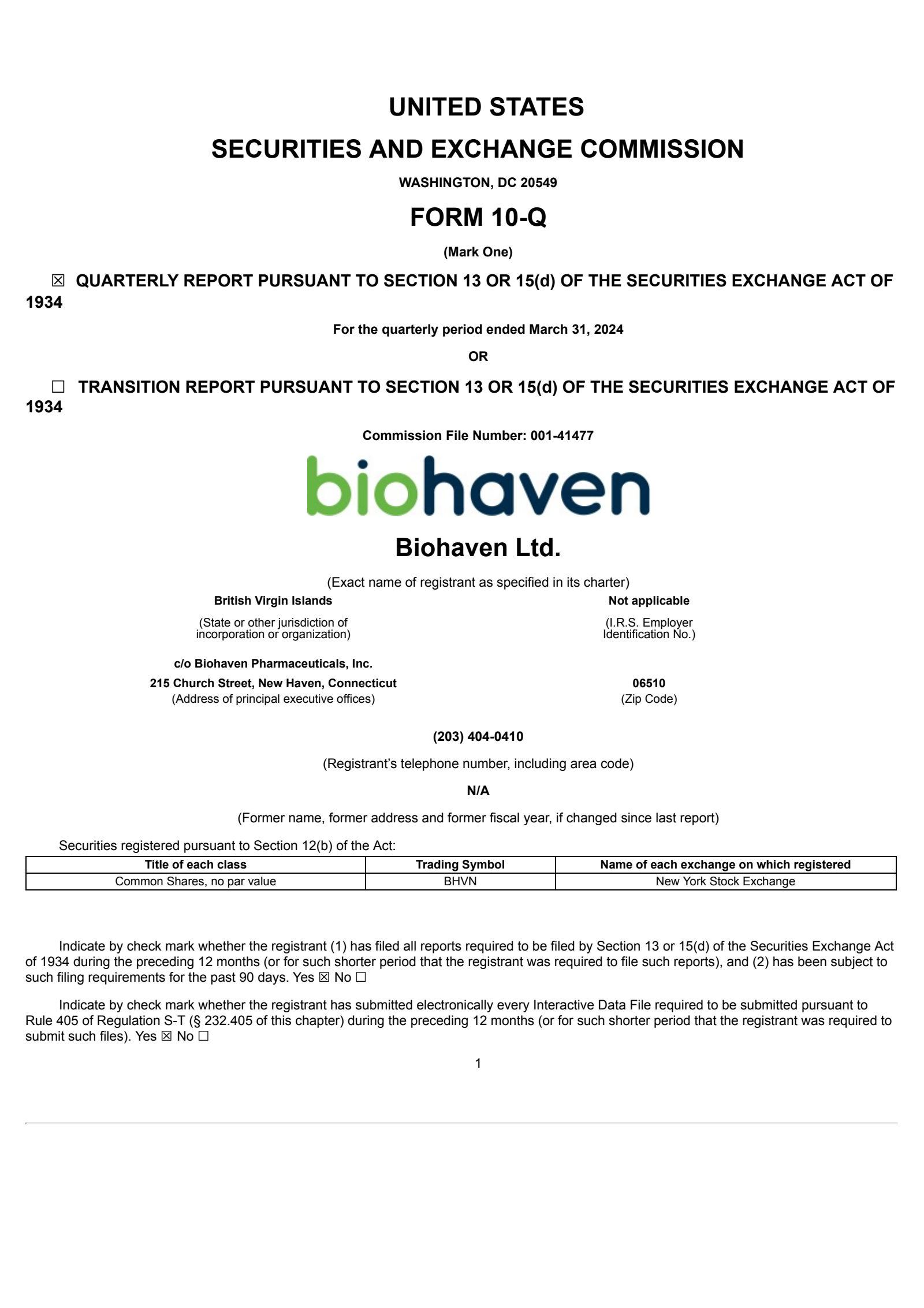 Biohaven's Q1 2024 Quarterly Report