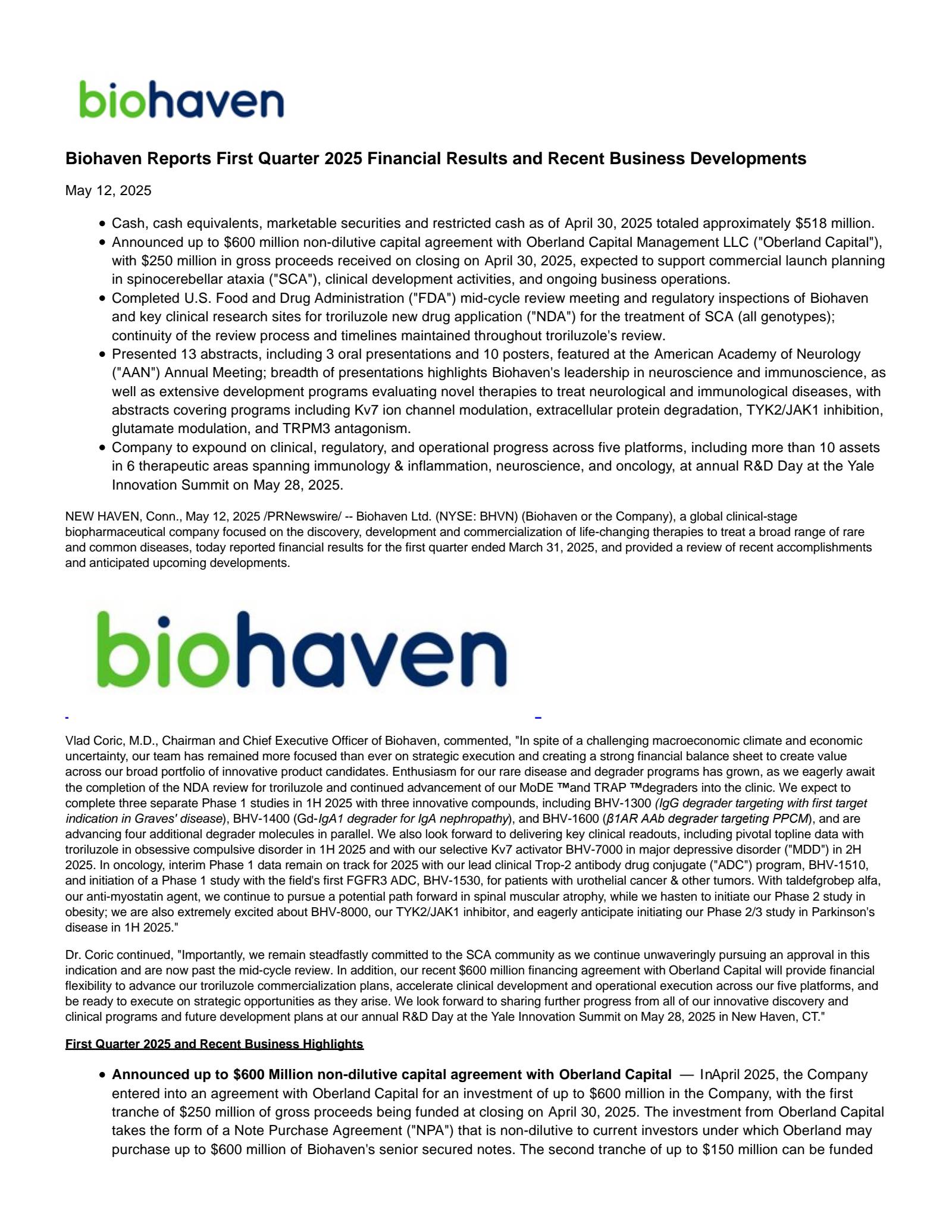 Biohaven's Q1 2025 Press Release