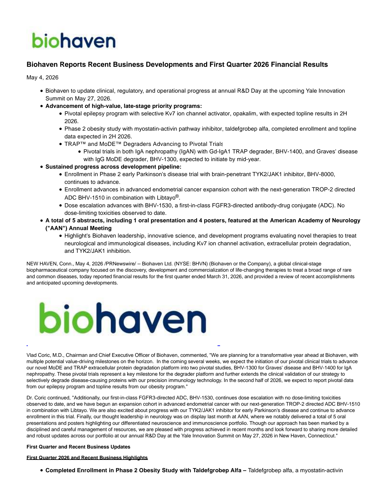 Biohaven's Q1 2026 Press Release