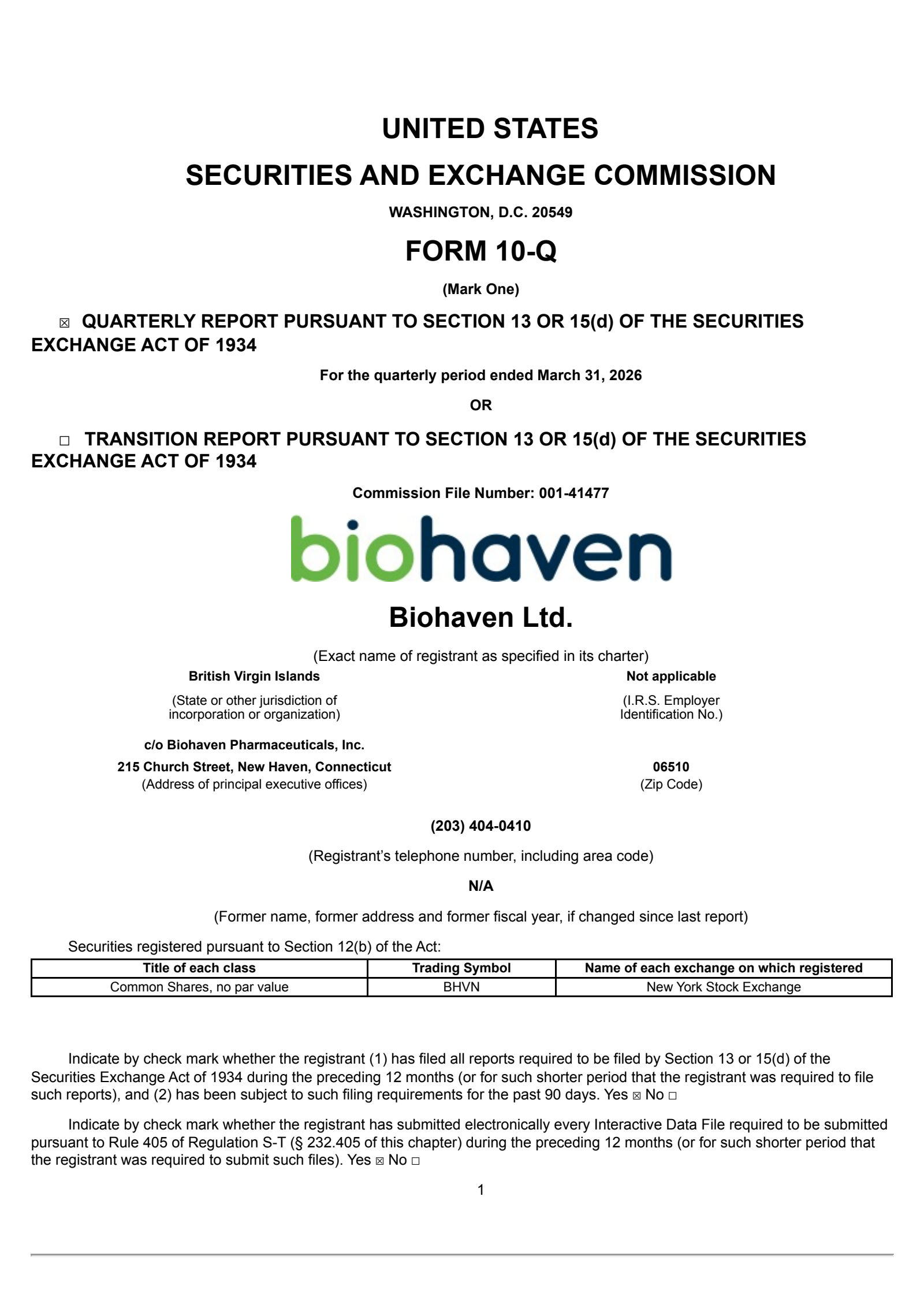 Biohaven's Q1 2026 Quarterly report