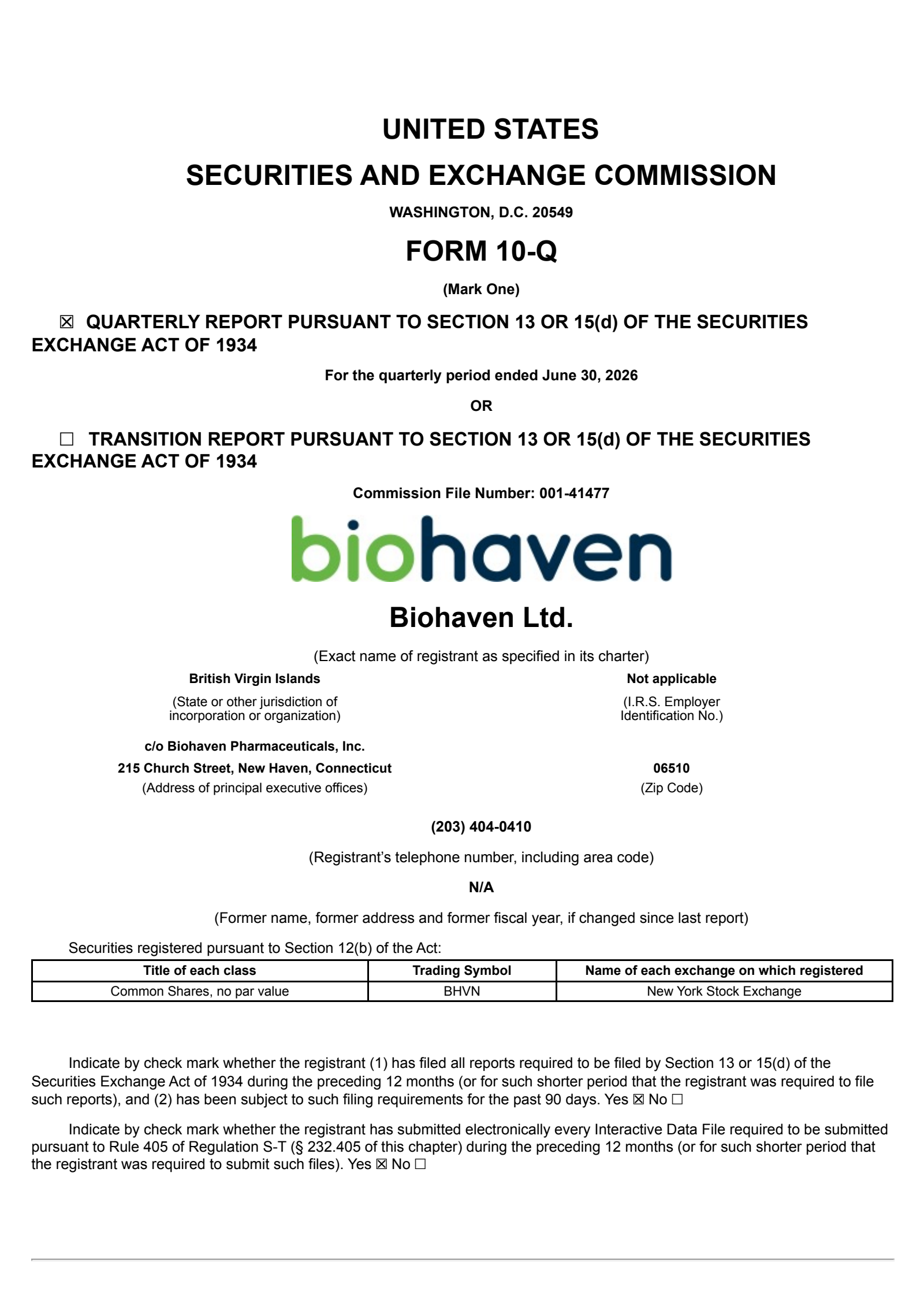 Biohaven's Q2 2026 Quarterly report