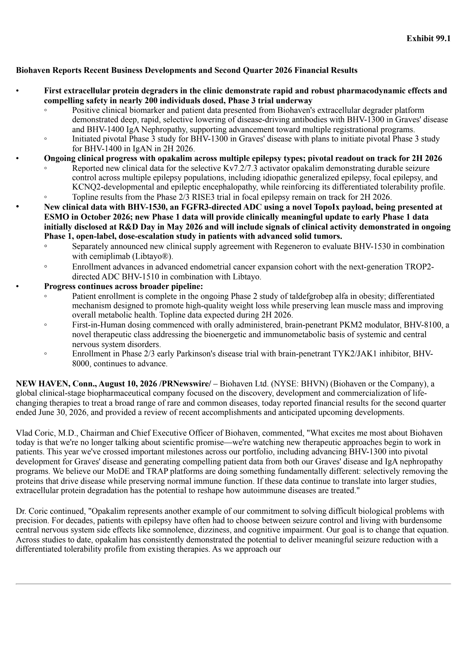 Biohaven's Q2 2026 Press Release