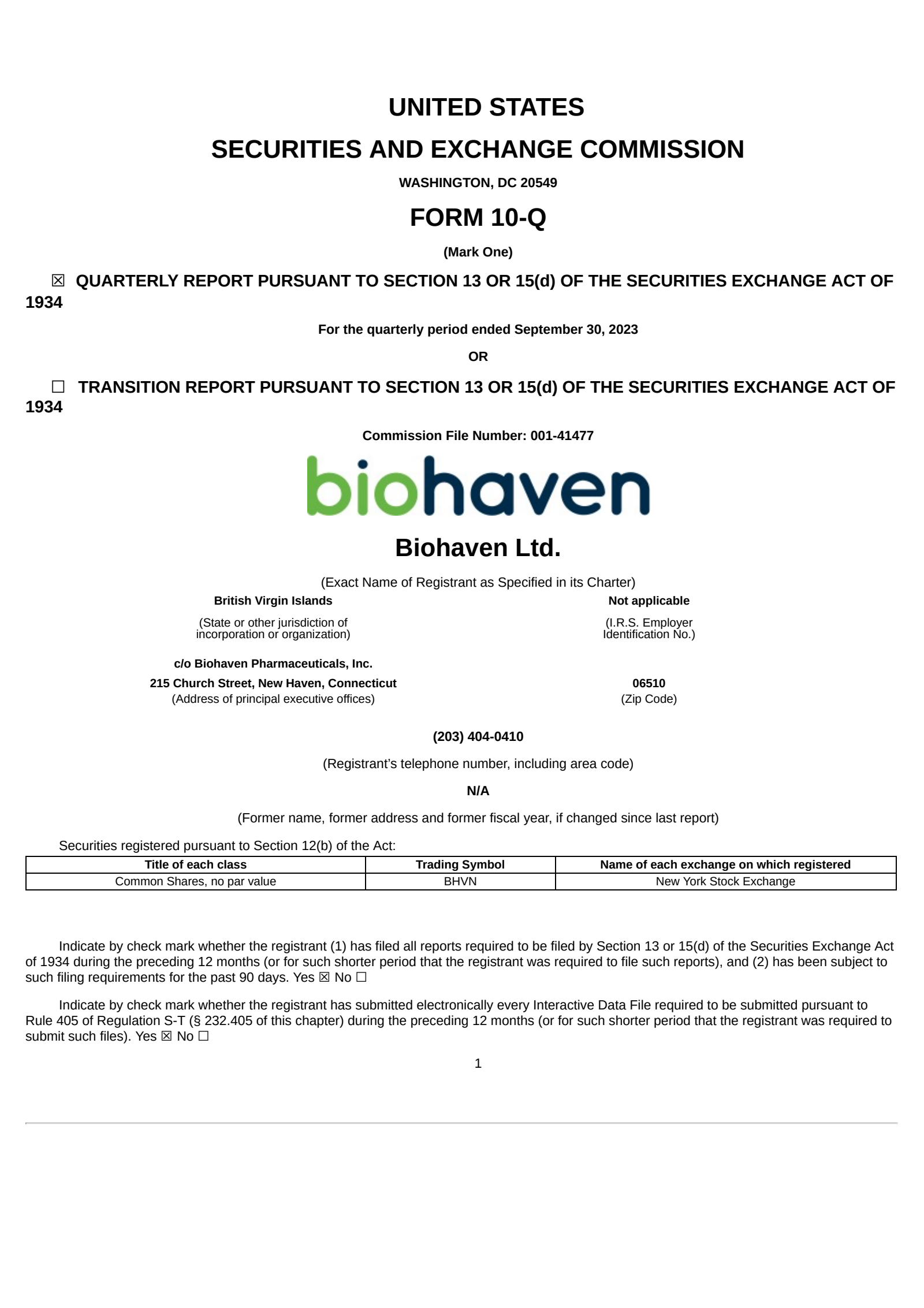 Biohaven's Q3 2023 Quarterly Report