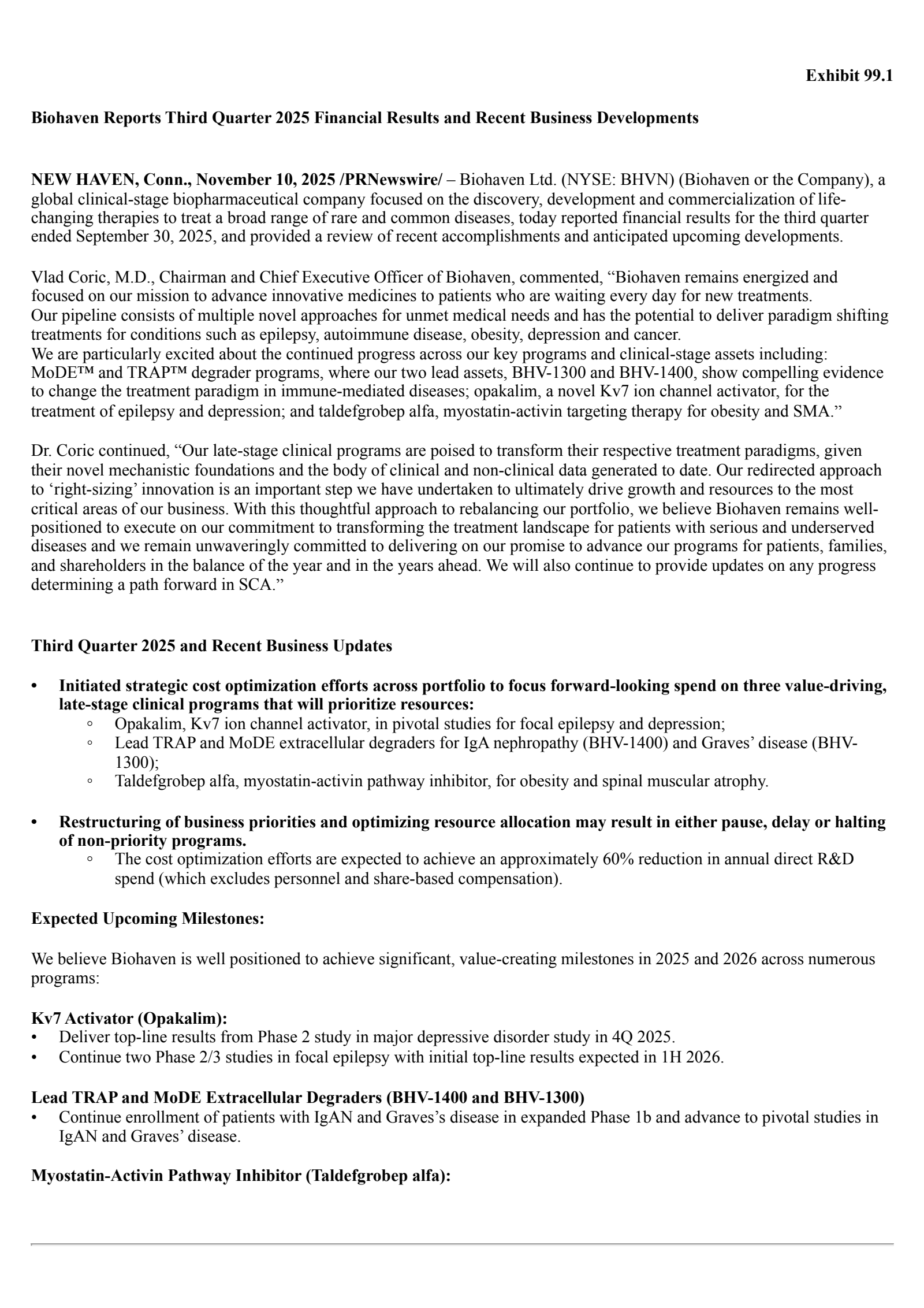 Biohaven's Q3 2025 Earnings Release