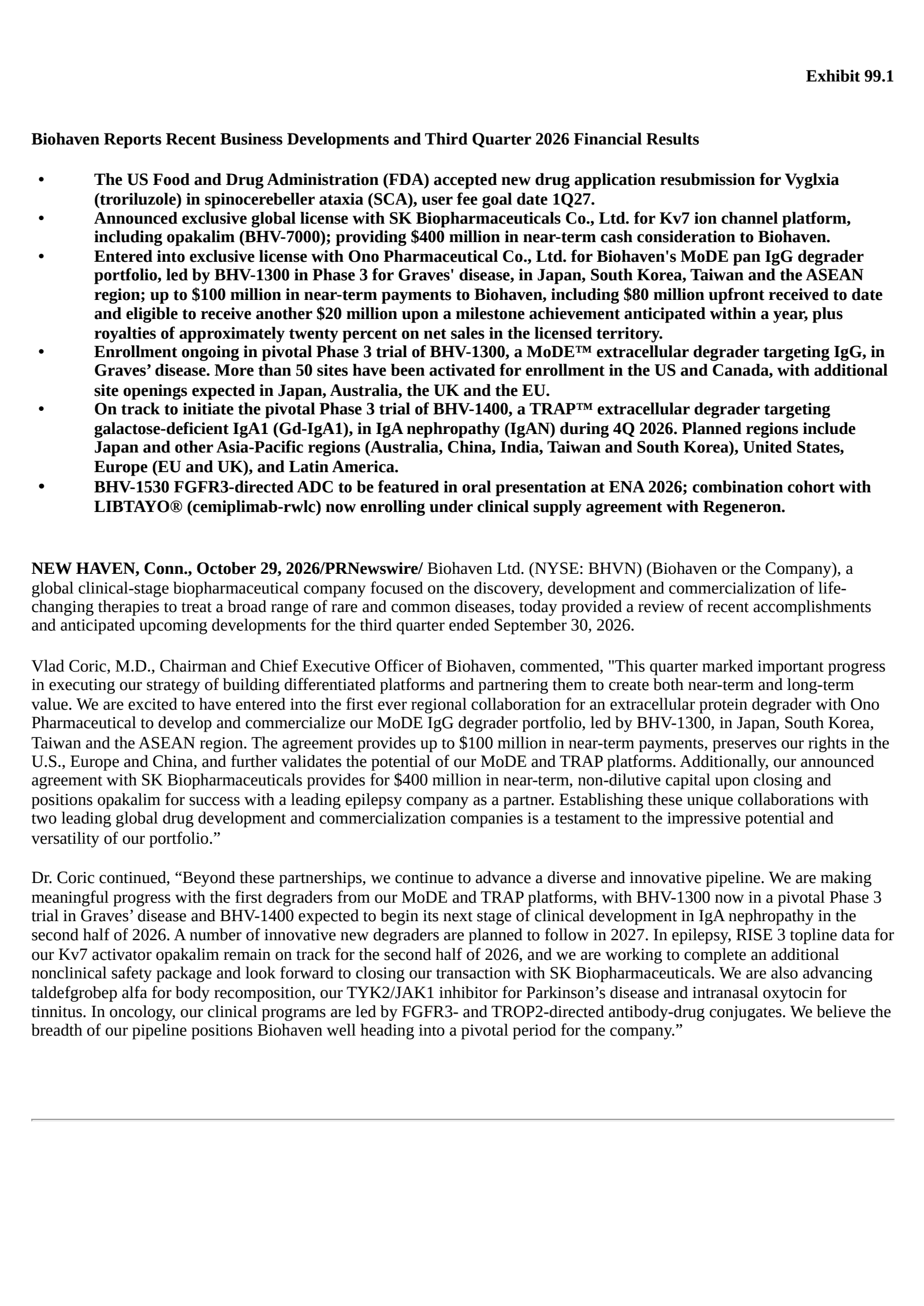 Biohaven's Q3 2026 Press Release