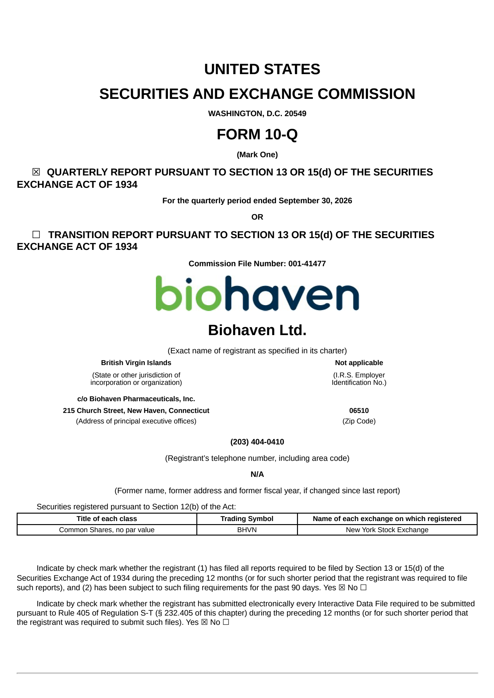 Biohaven's Q3 2026 Quarterly report
