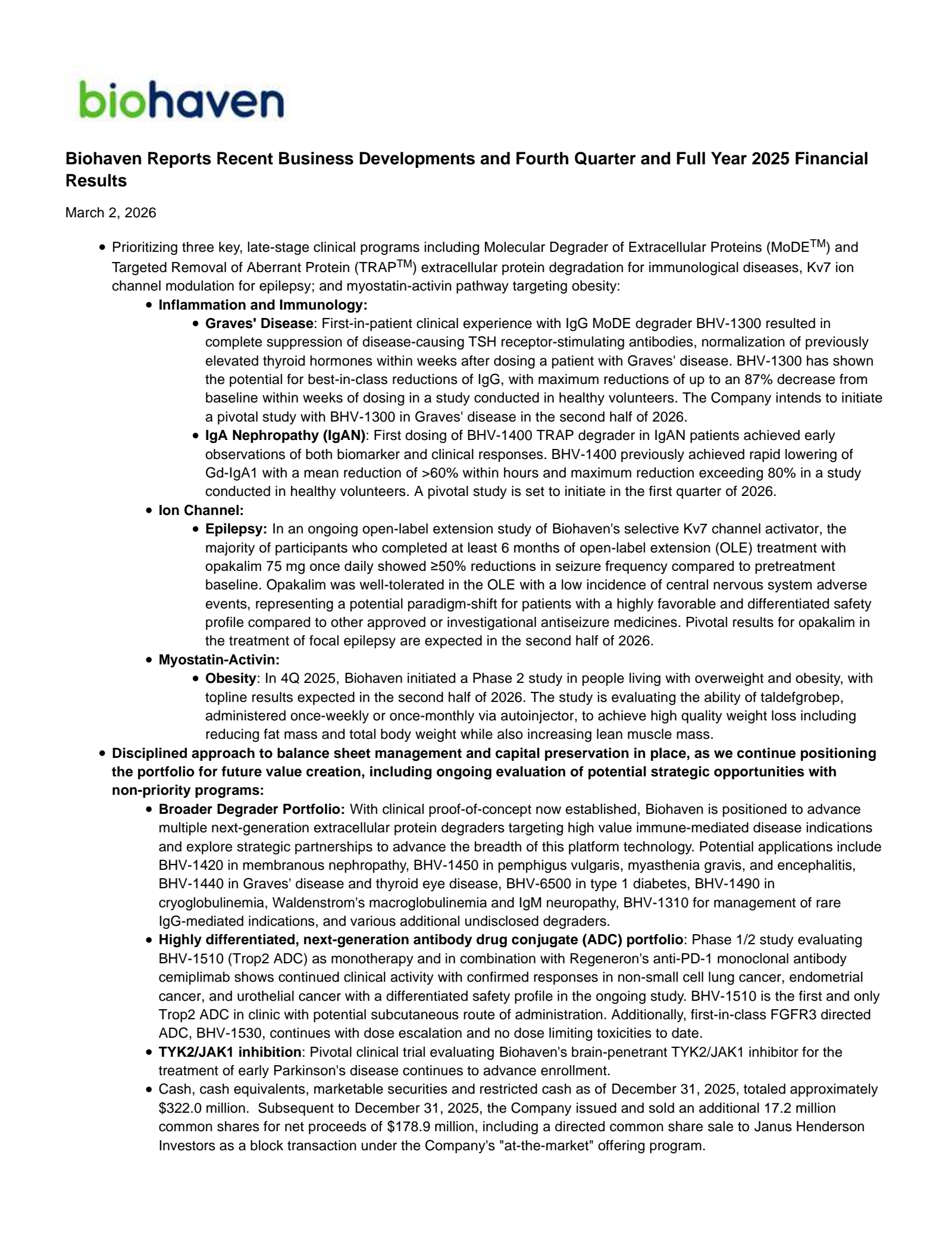 Biohaven's Q4 2025 Press Release
