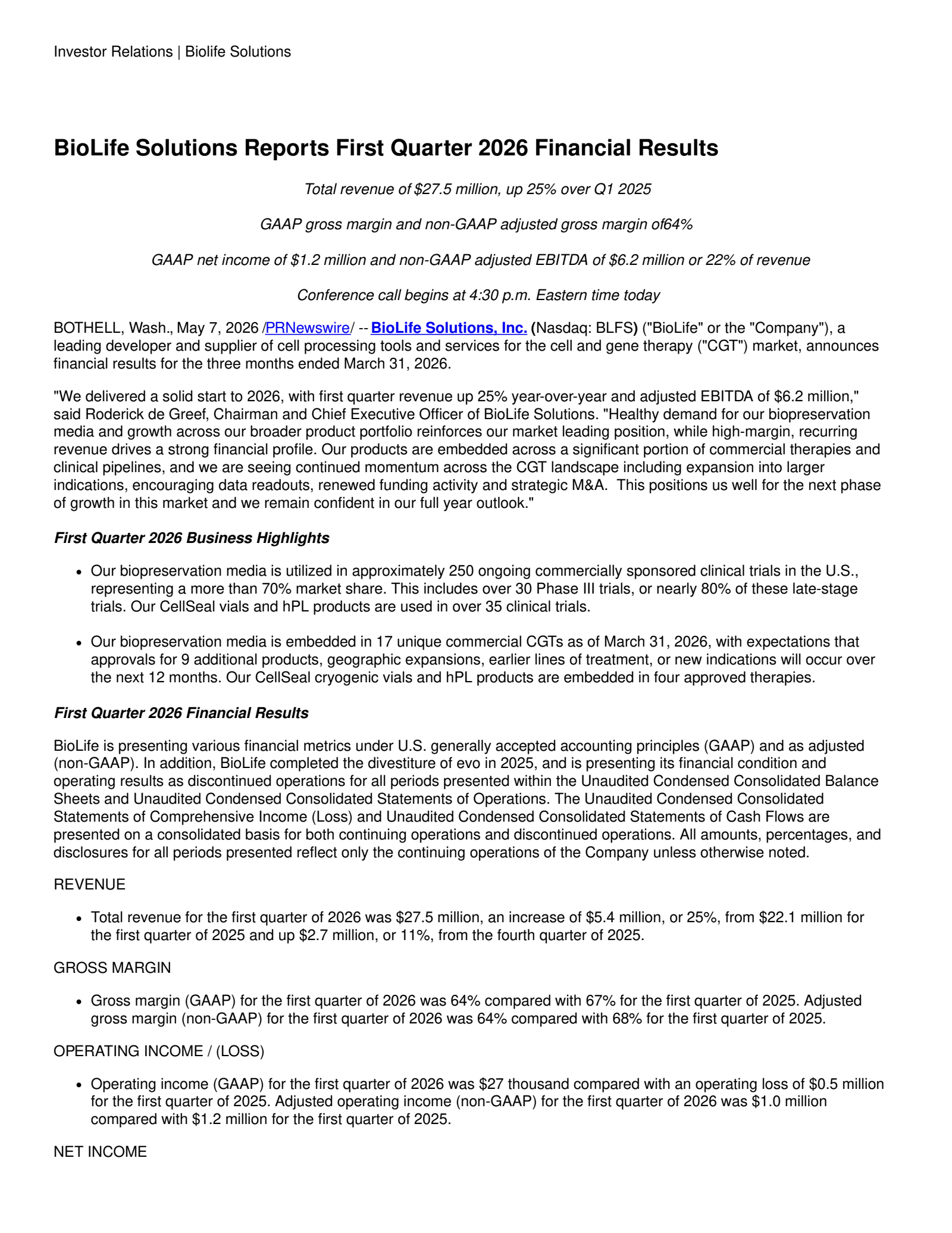 BioLife Solutions' Q1 2026 Press Release