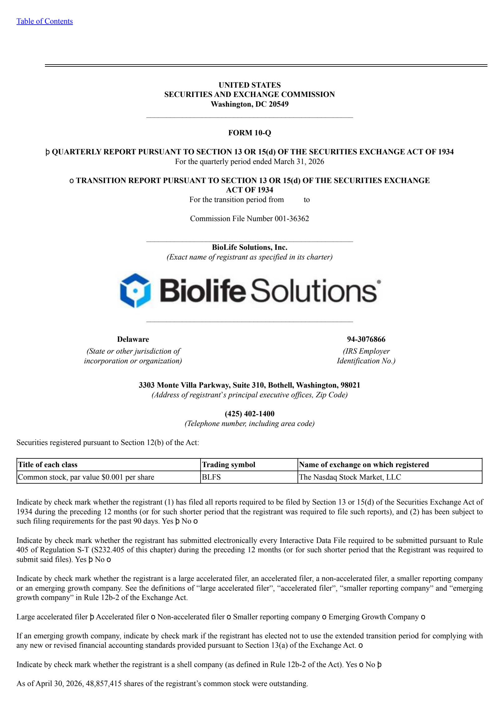 BioLife Solutions' Q1 2026 Quarterly report