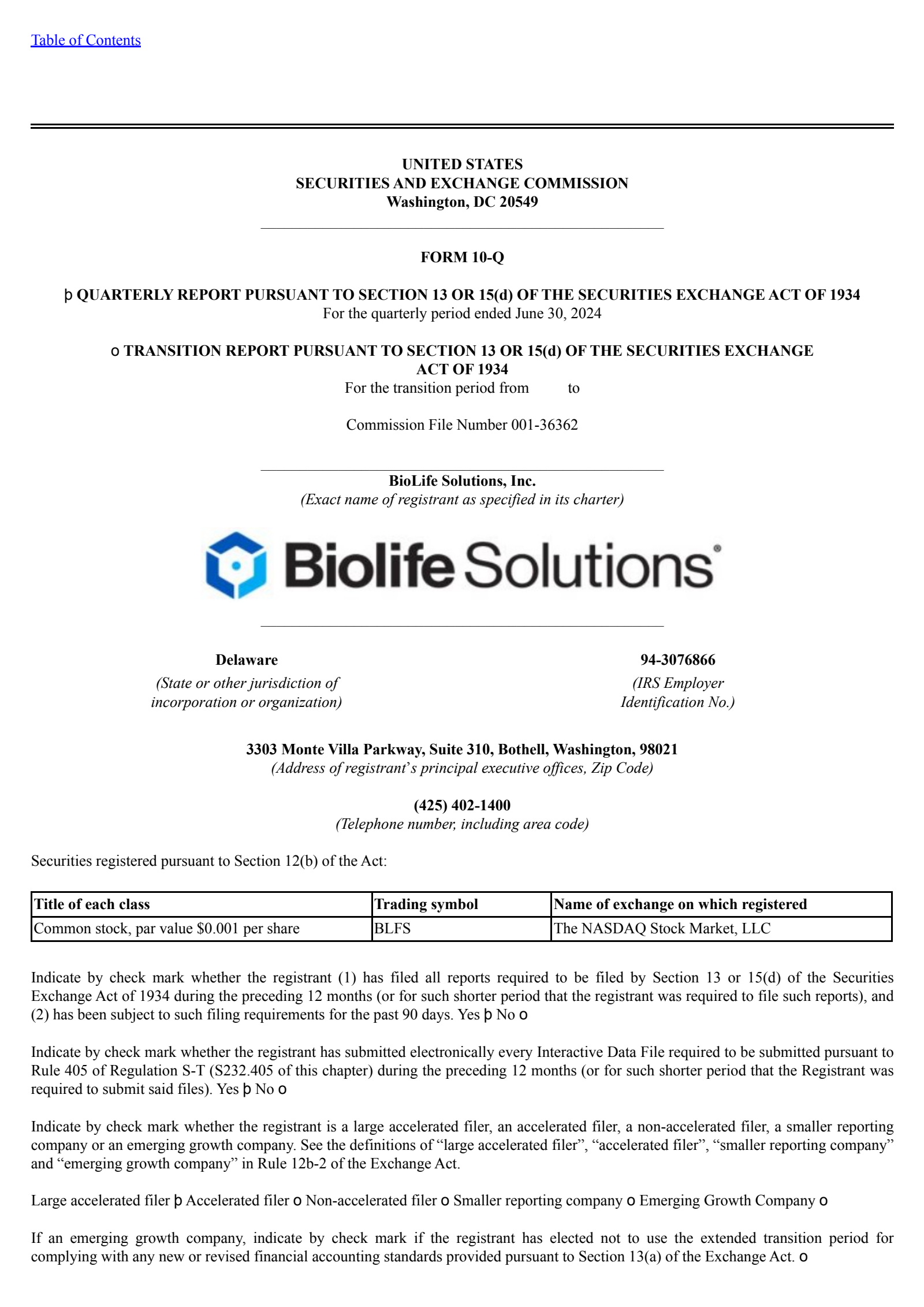 BioLife Solutions' Q2 2024 Quarterly report