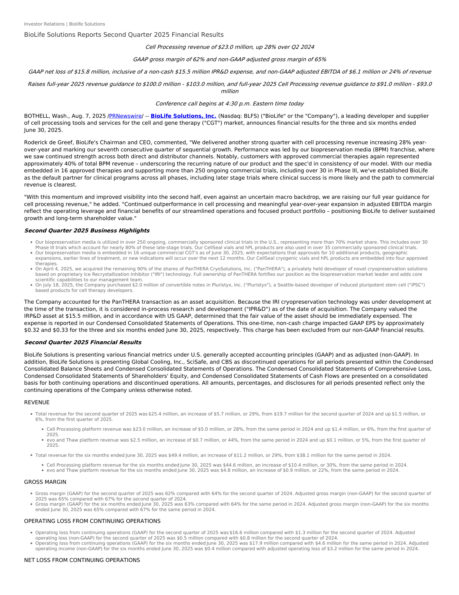 BioLife Solutions' Q2 2025 Press Release