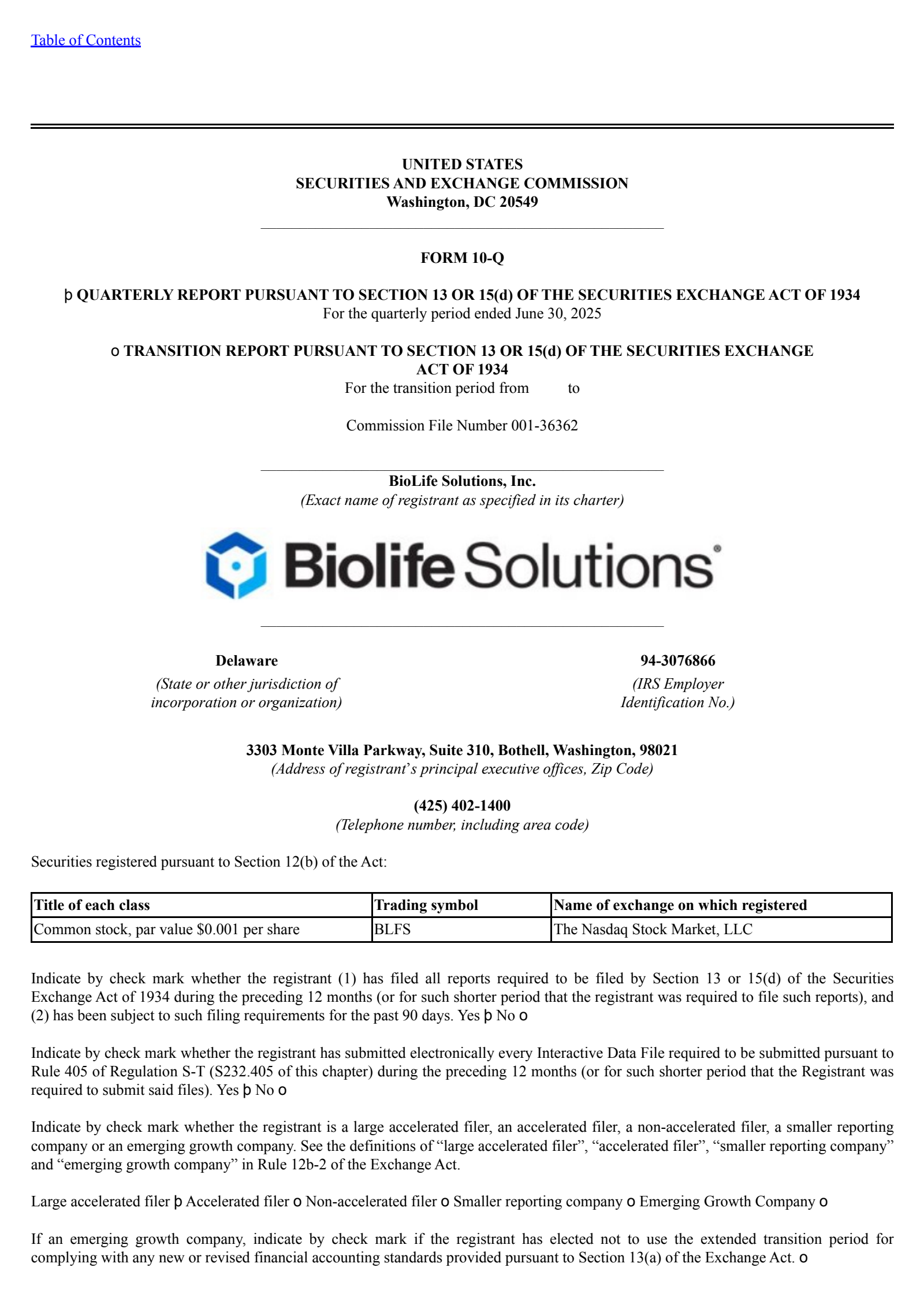 BioLife Solutions' Q2 2025 Quarterly report