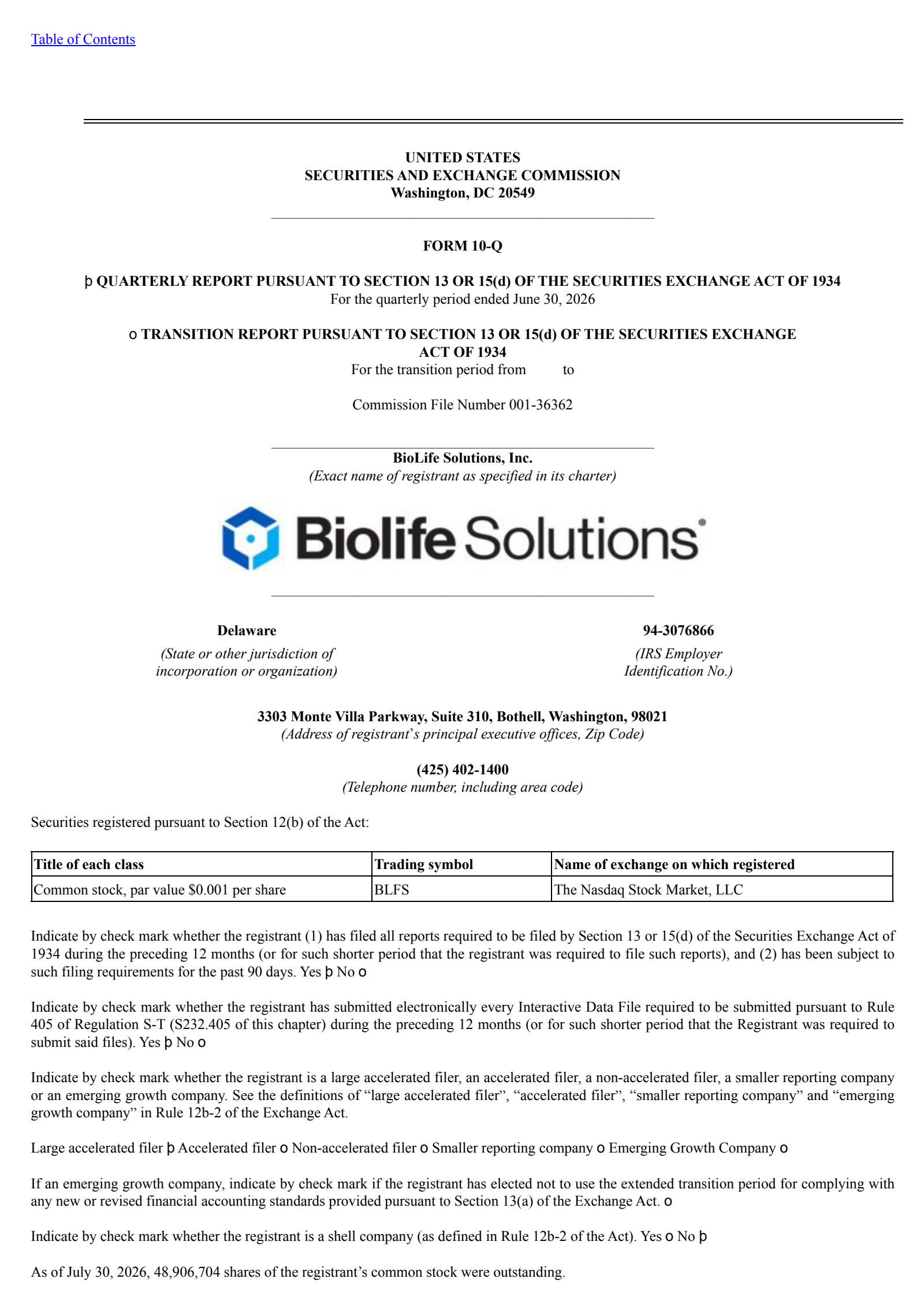 BioLife Solutions' Q2 2026 Quarterly report