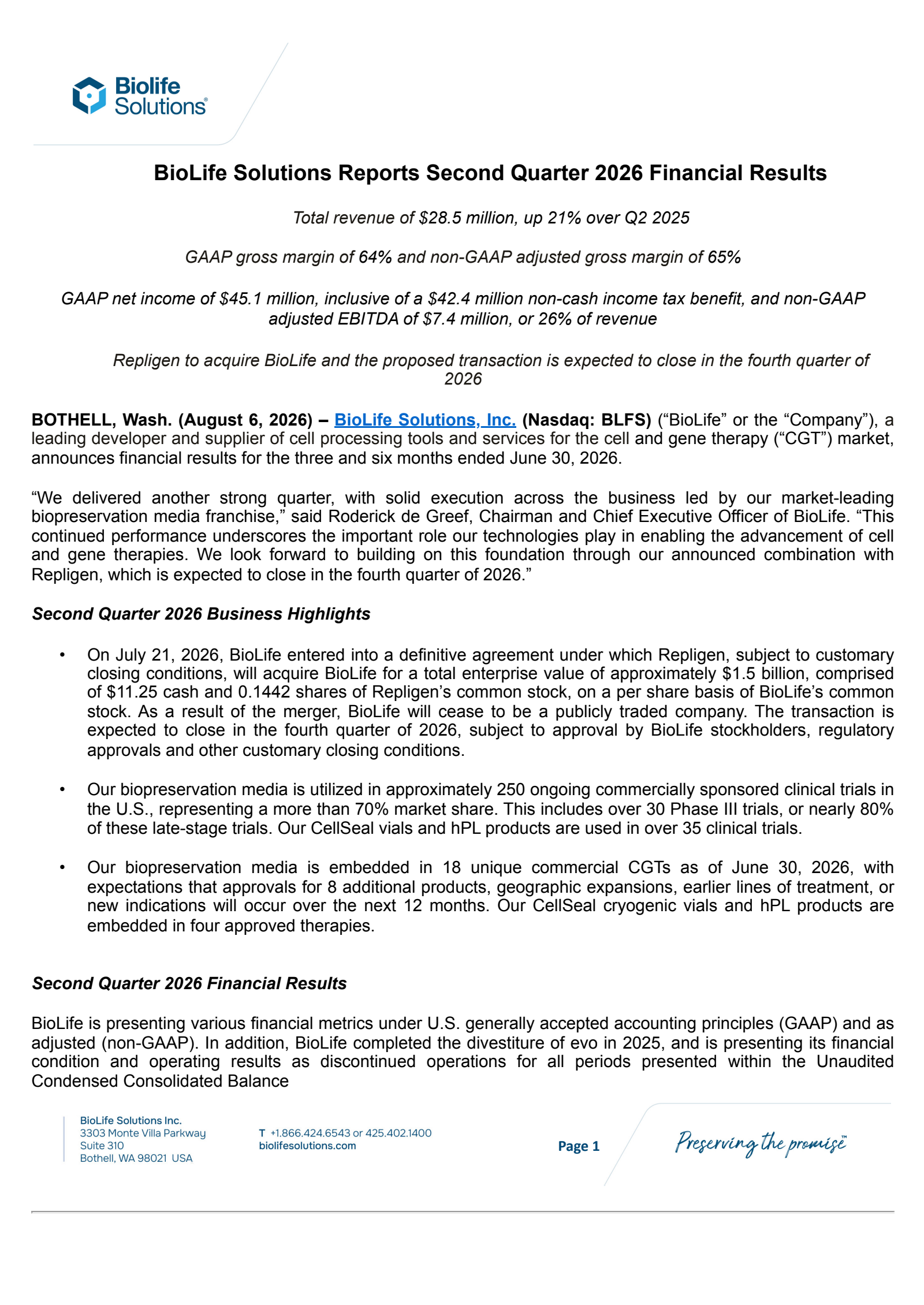 BioLife Solutions' Q2 2026 Press Release