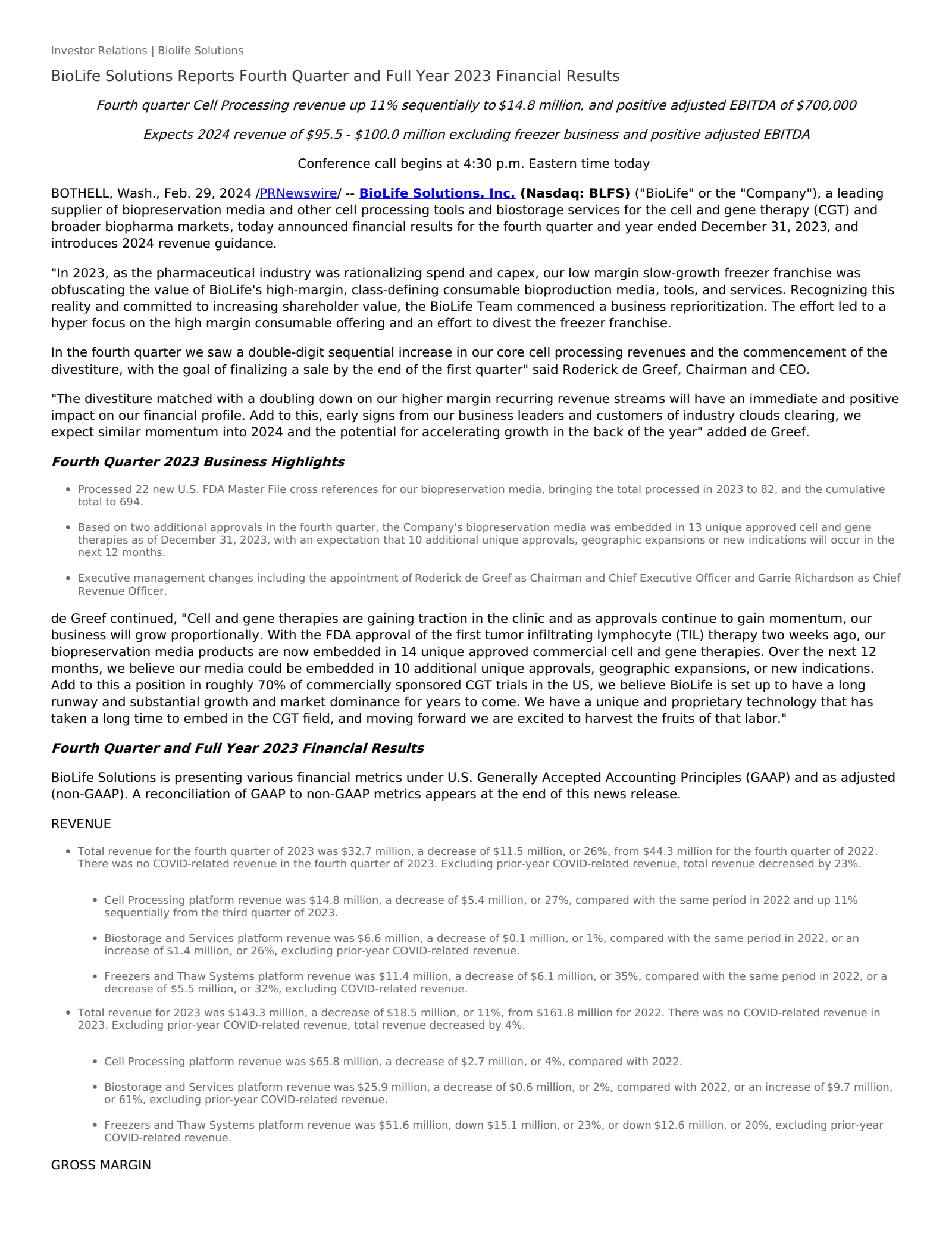 BioLife Solutions' Q4 2023 Press Release