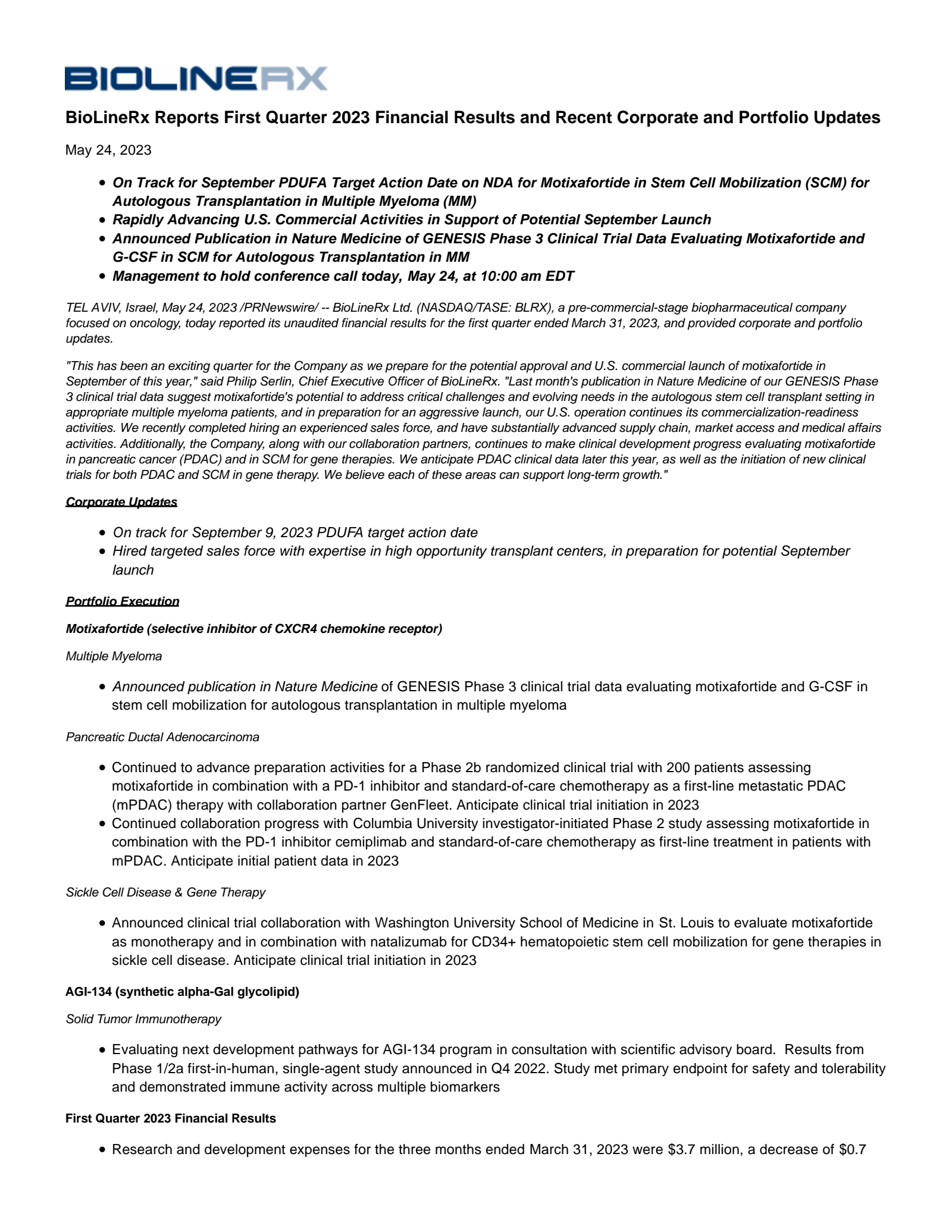 BioLineRx's Q1 2023 Press Release