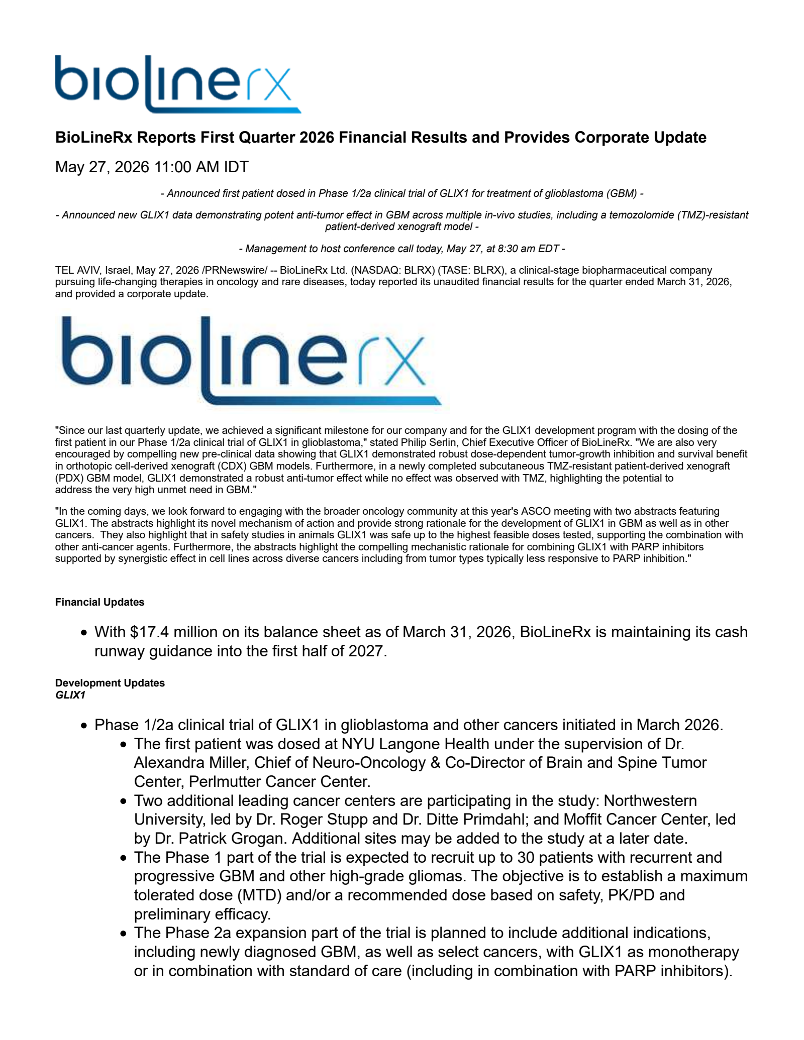 BioLineRx's Q1 2026 Press Release