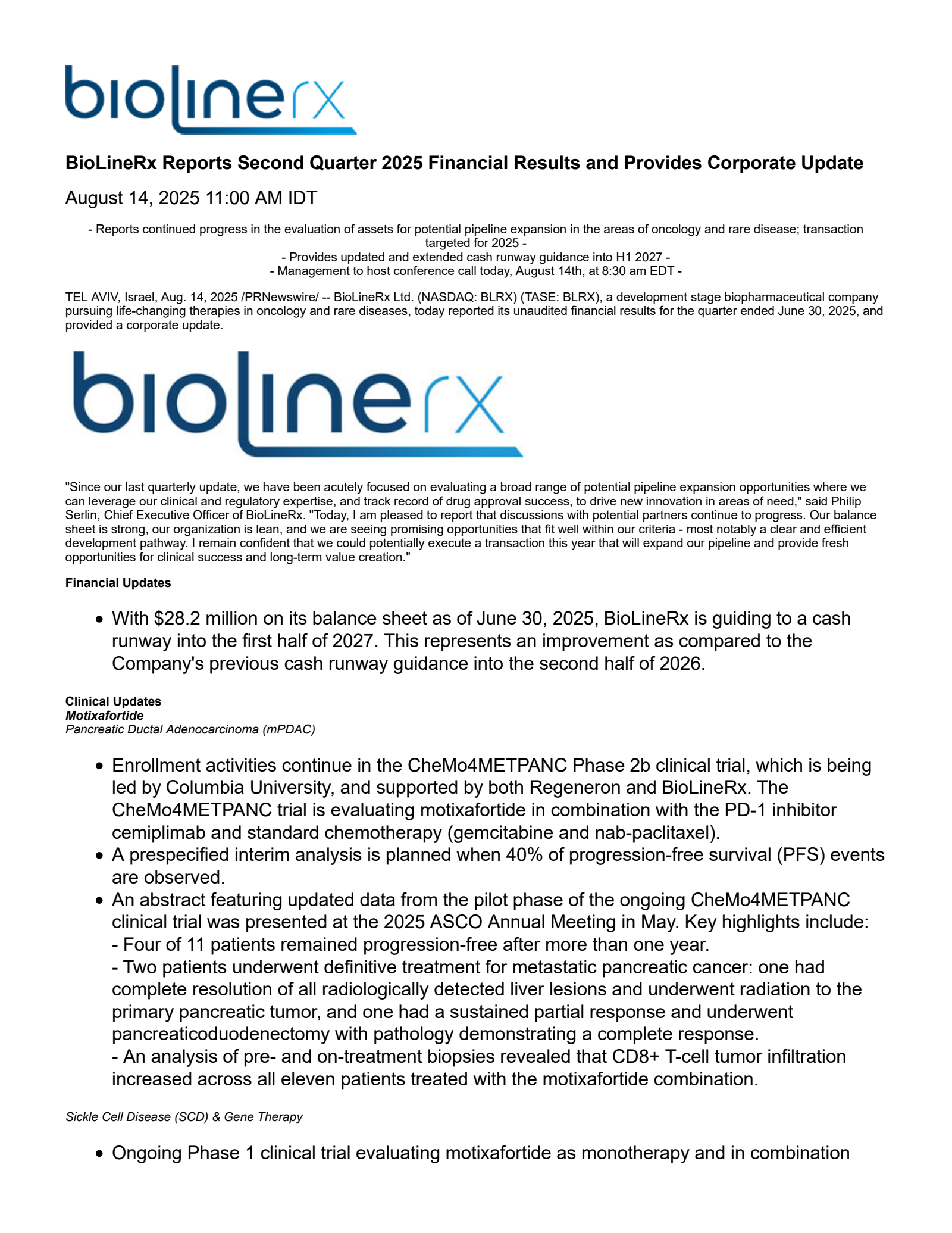 BioLineRx's Q2 2025 Press Release