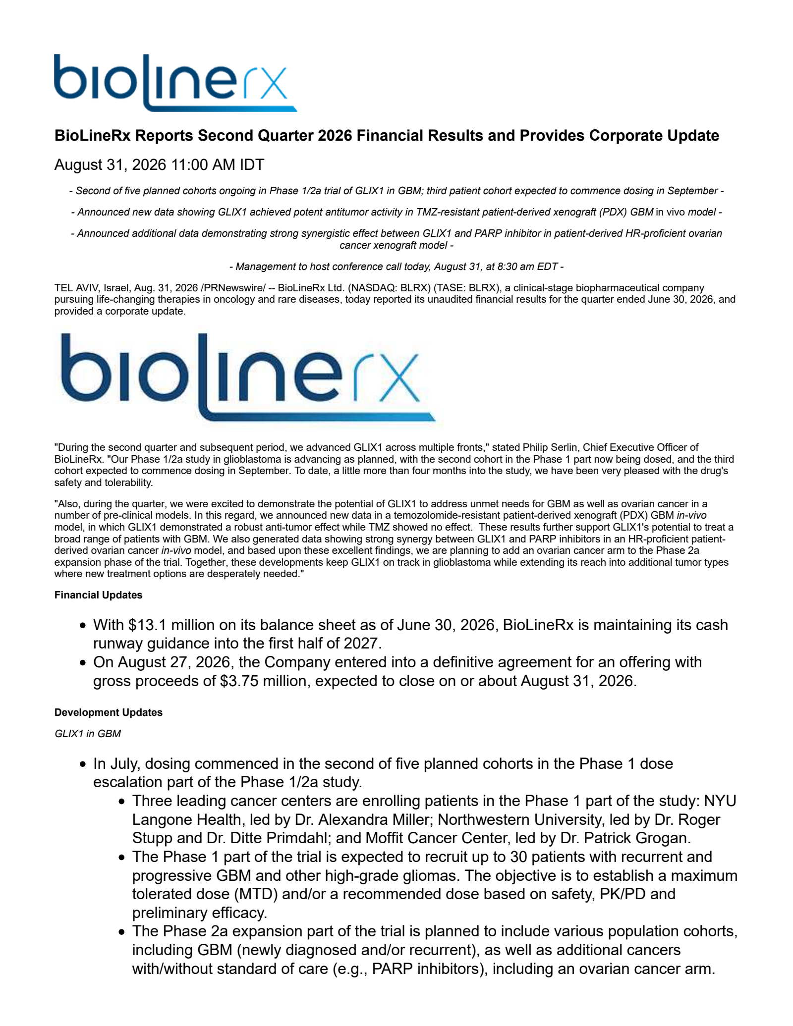 BioLineRx's Q2 2026 Press Release