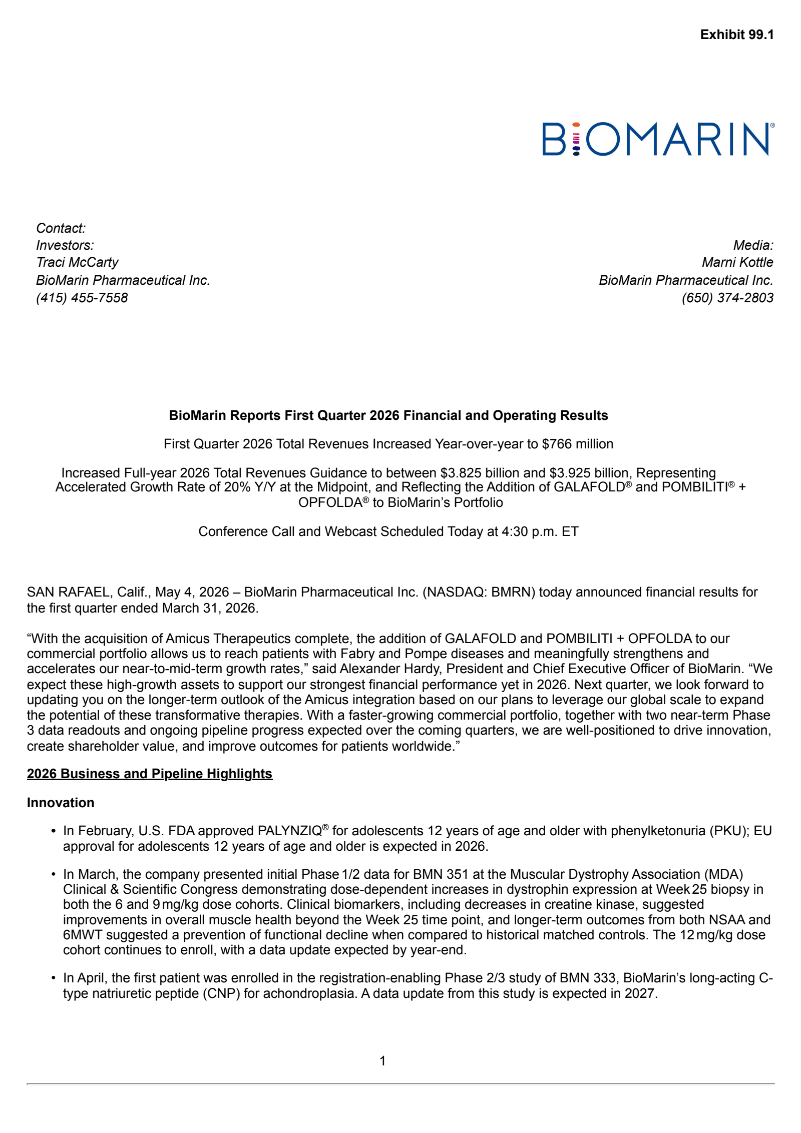 BioMarin Pharmaceutical's Q1 2026 Press Release