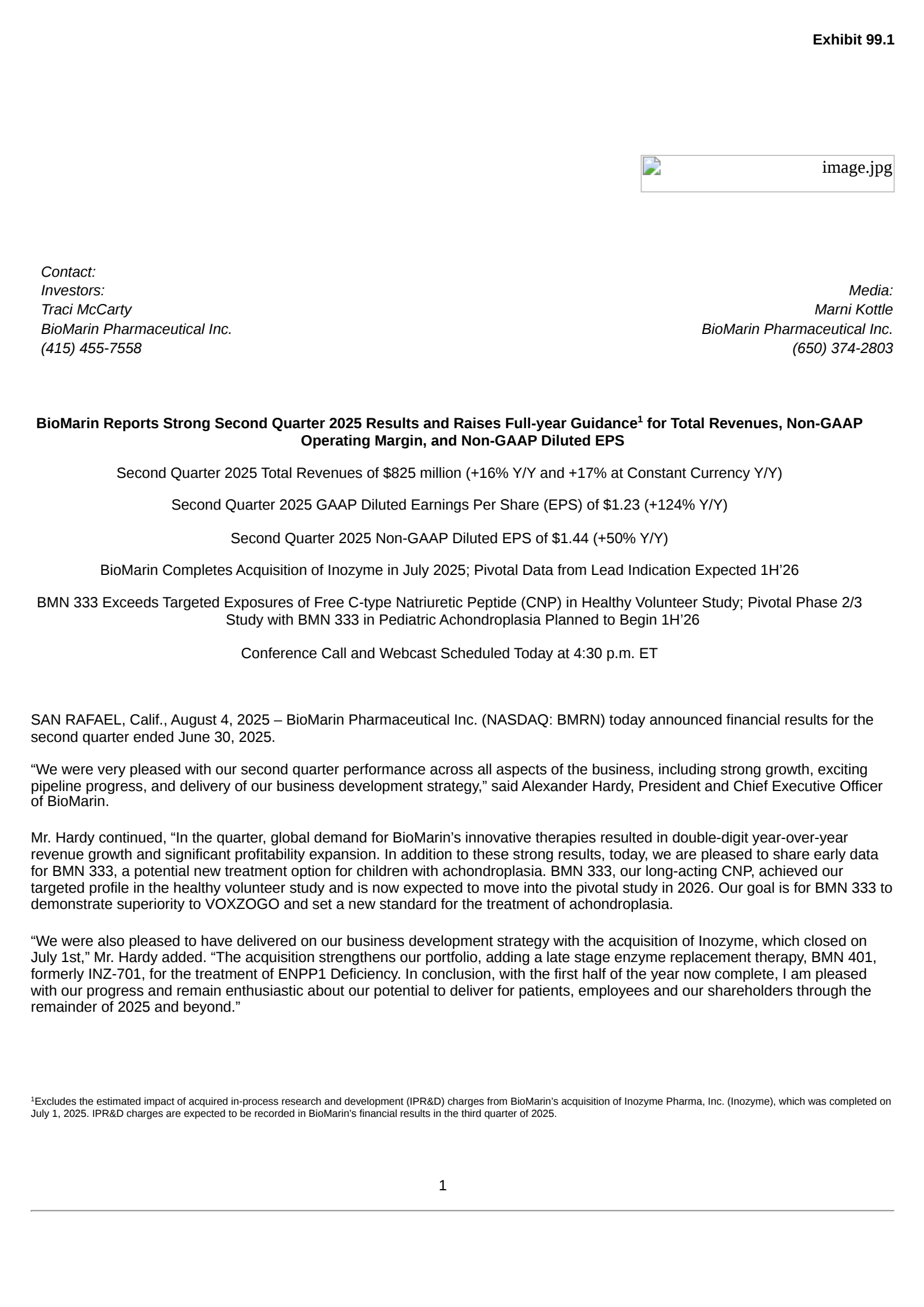 BioMarin Pharmaceutical's Q2 2025 Press Release