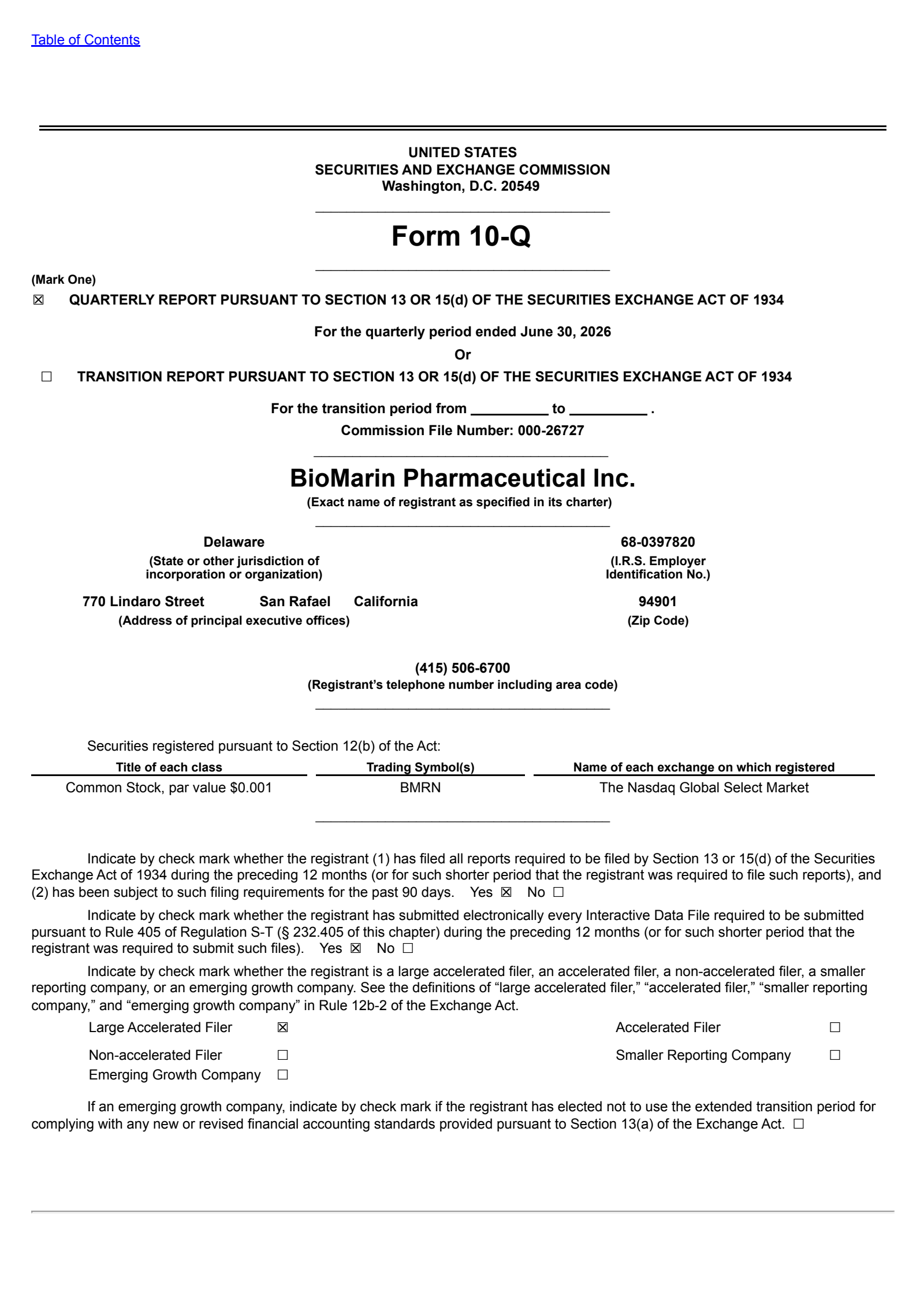 BioMarin Pharmaceutical's Q2 2026 Quarterly report