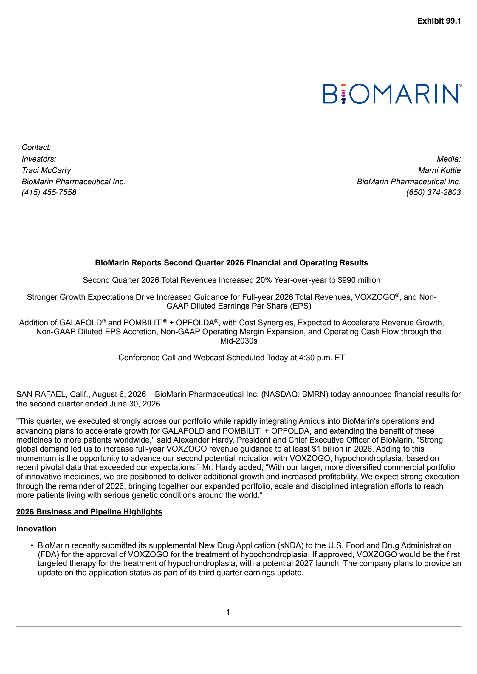 BioMarin Pharmaceutical's Q2 2026 Press Release