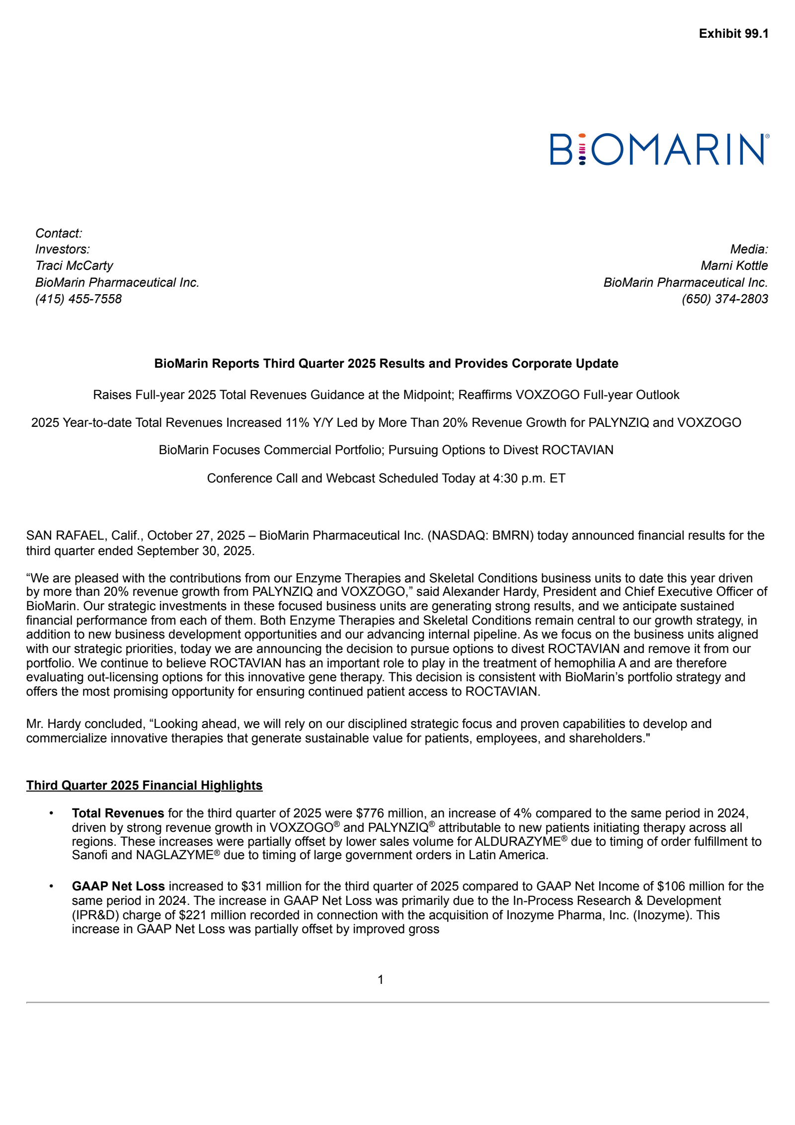 BioMarin Pharmaceutical's Q3 2025 Earnings Release