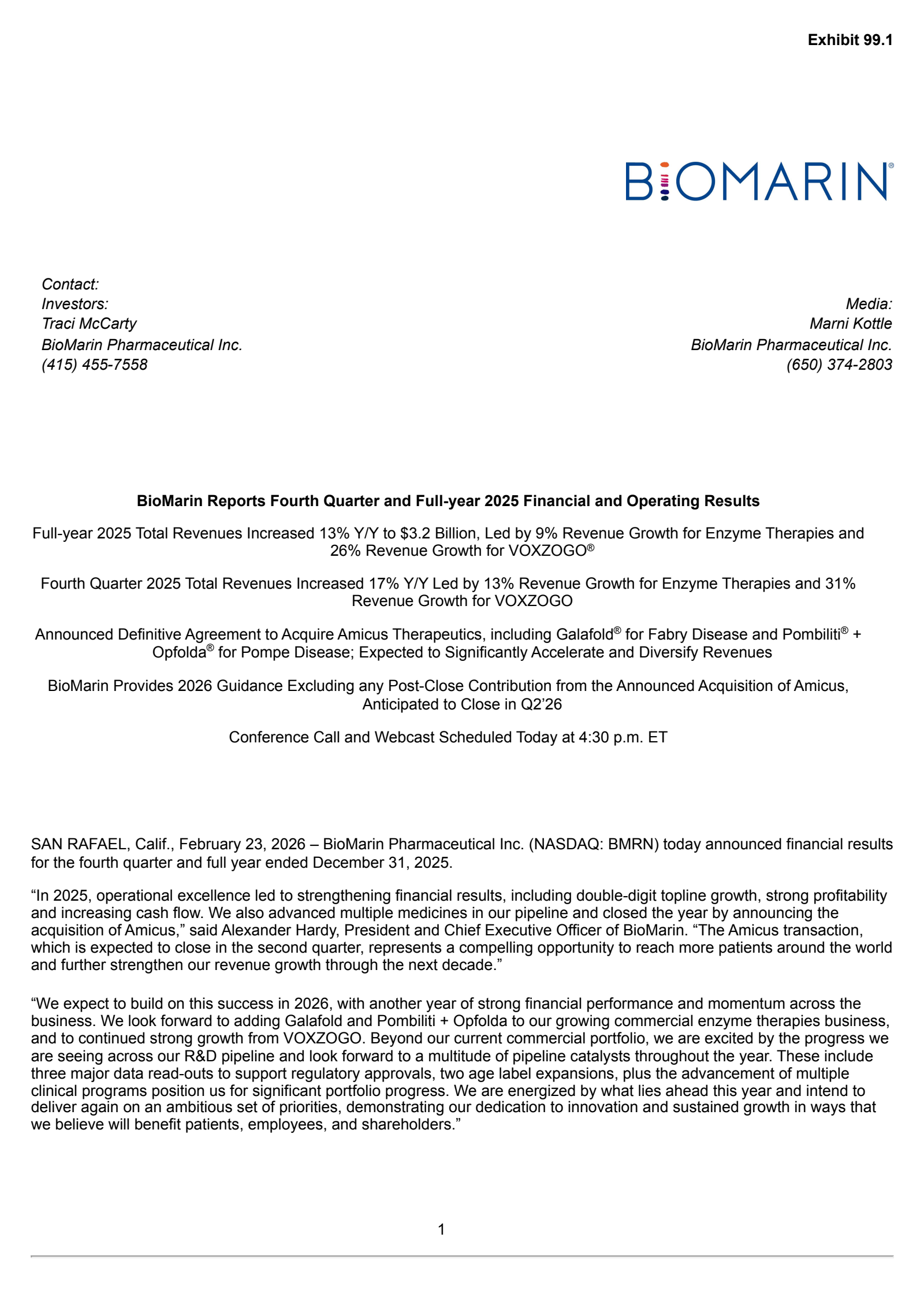 BioMarin Pharmaceutical's Q4 2025 Press Release