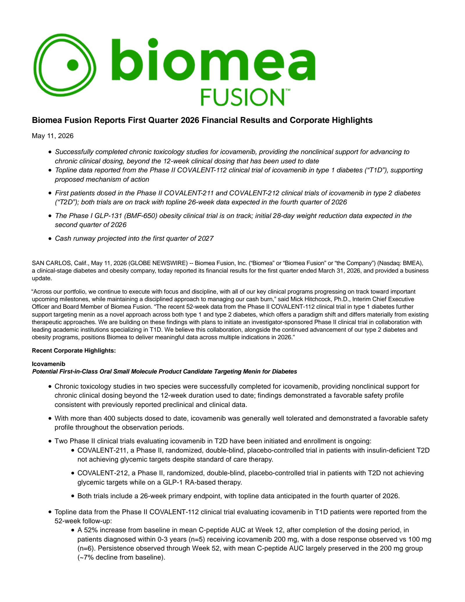 Biomea Fusion's Q1 2026 Press Release