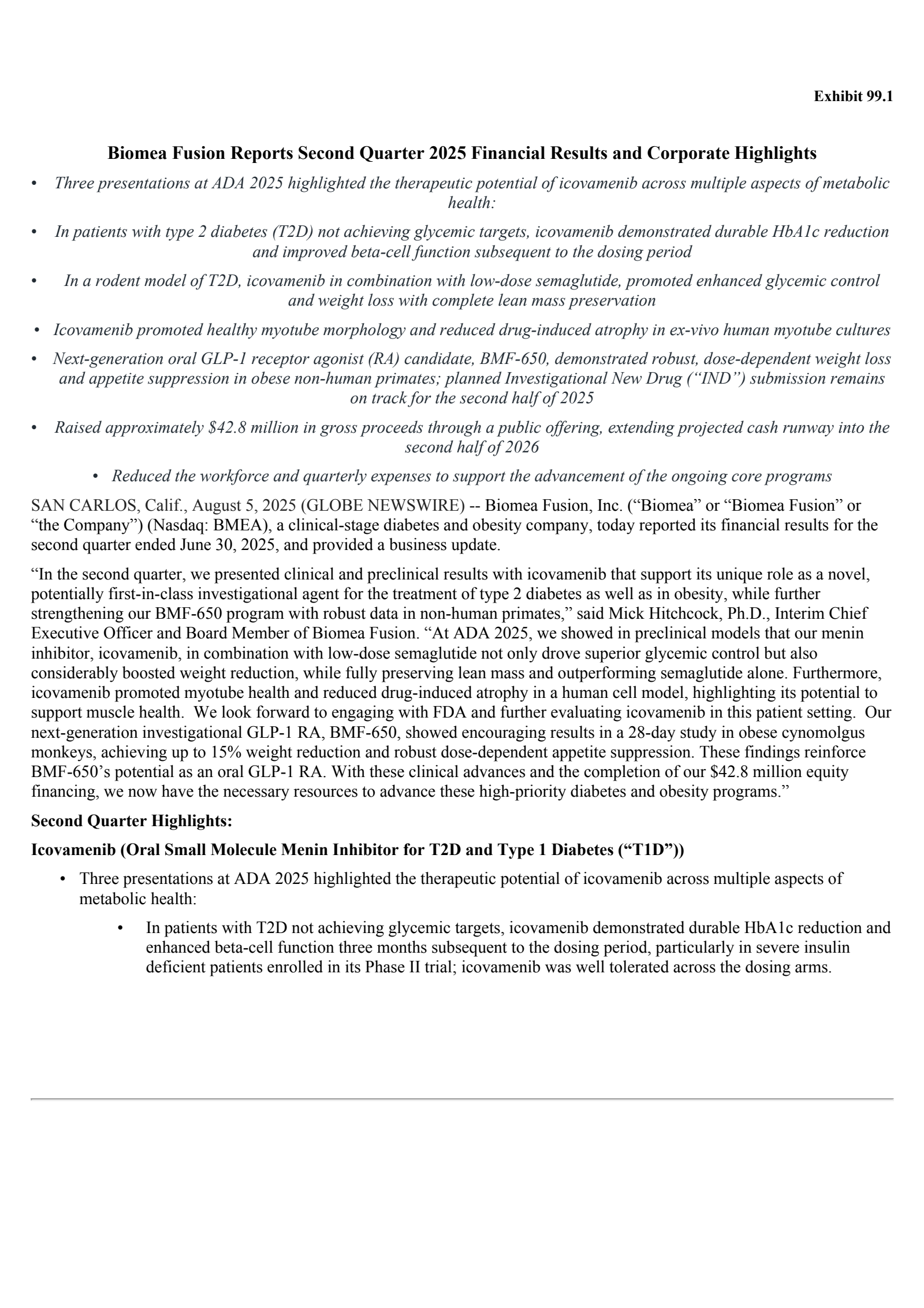 Biomea Fusion's Q2 2025 Press Release