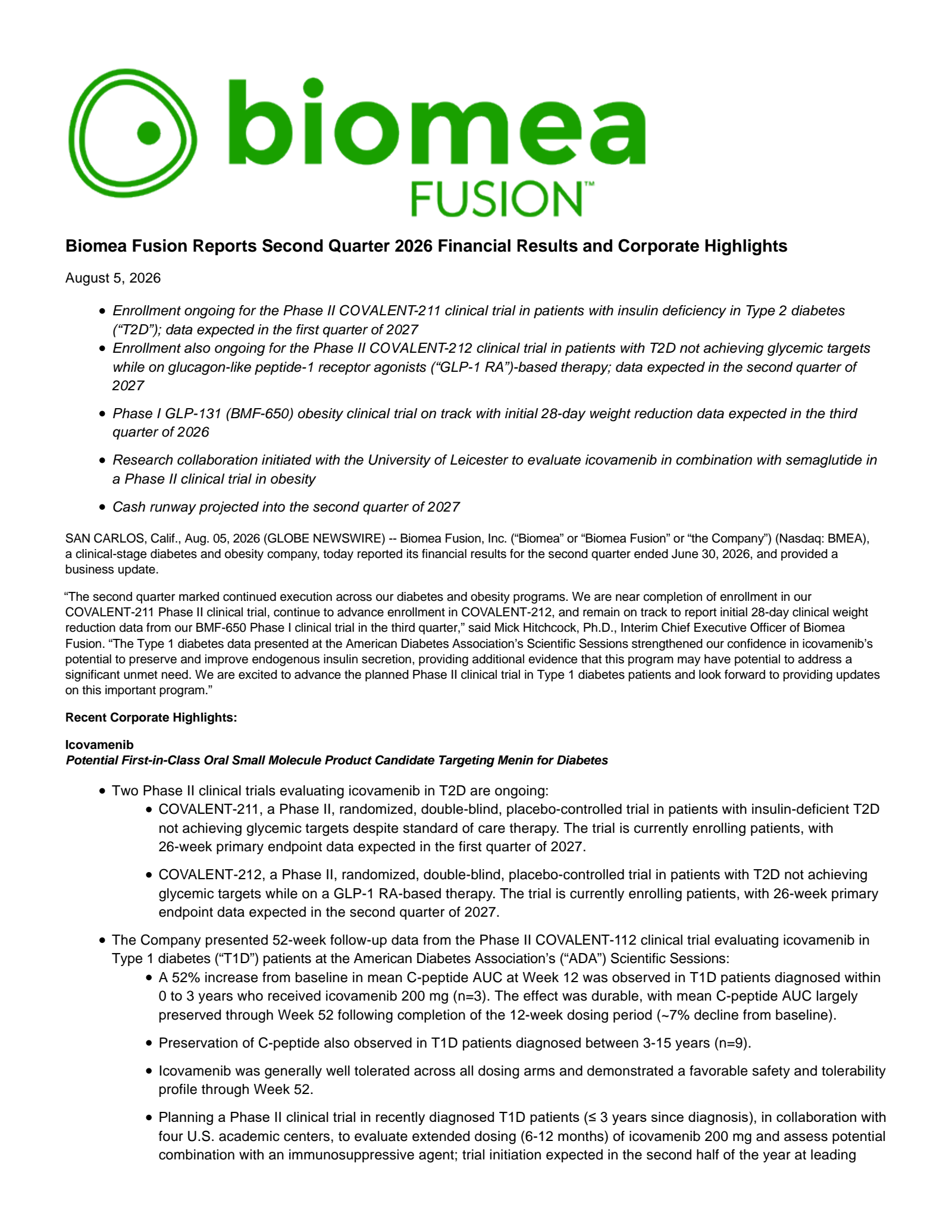 Biomea Fusion's Q2 2026 Press Release