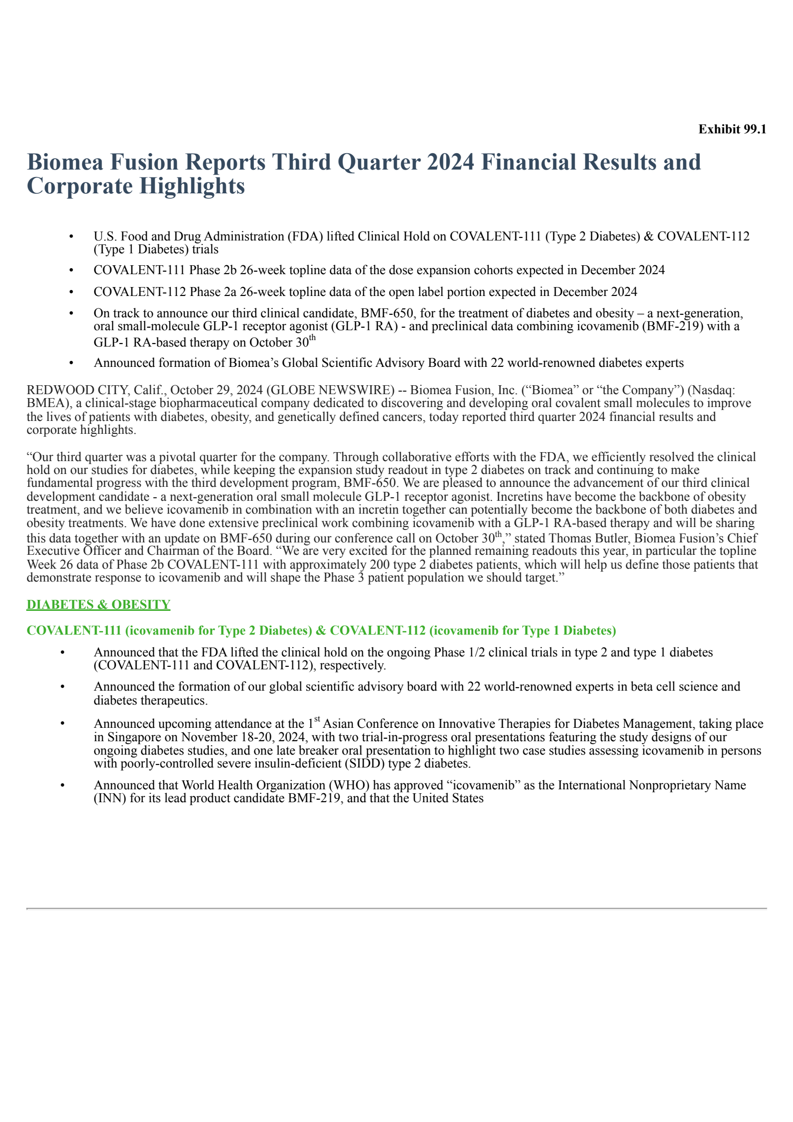 Biomea Fusion's Q3 2024 Press Release