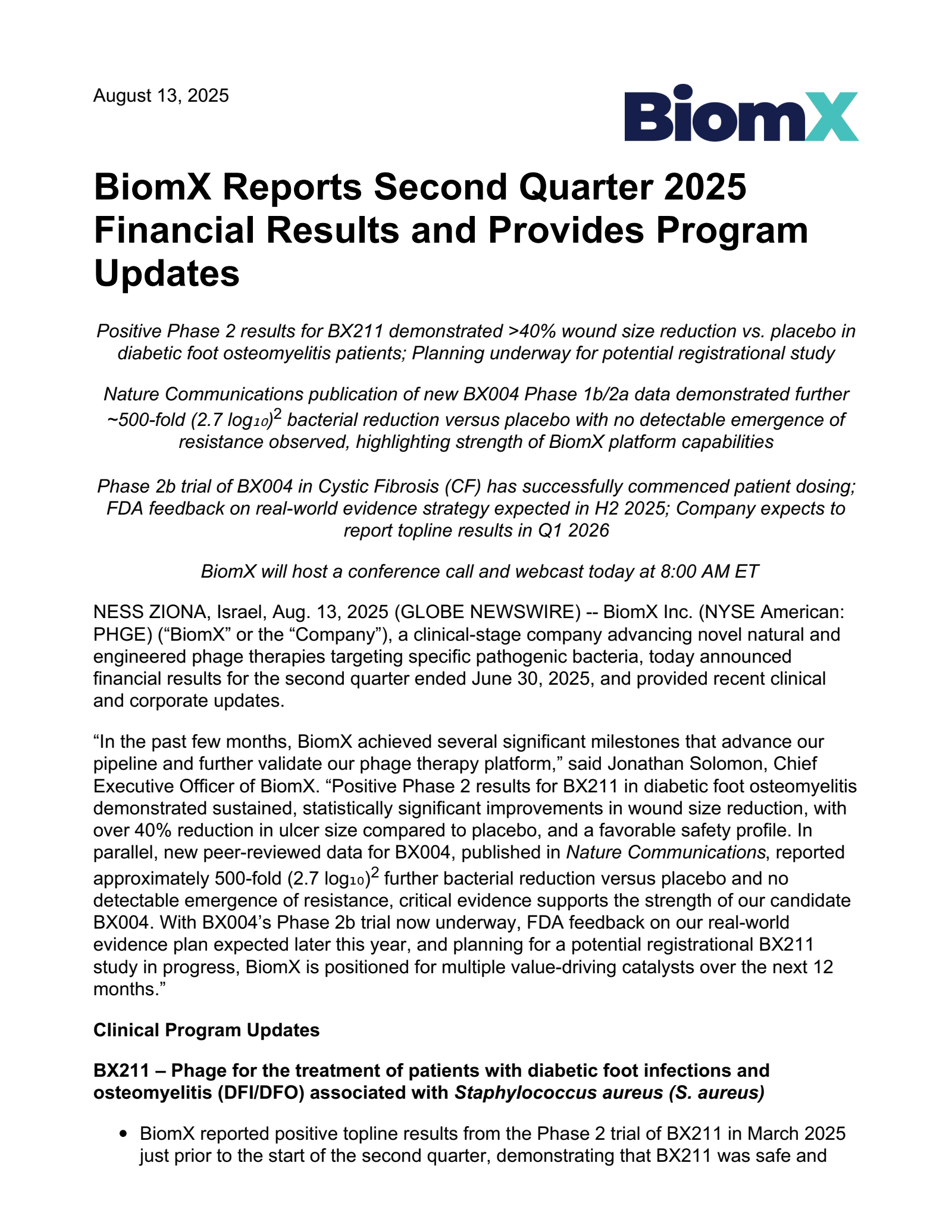 BiomX's Q2 2025 Press Release