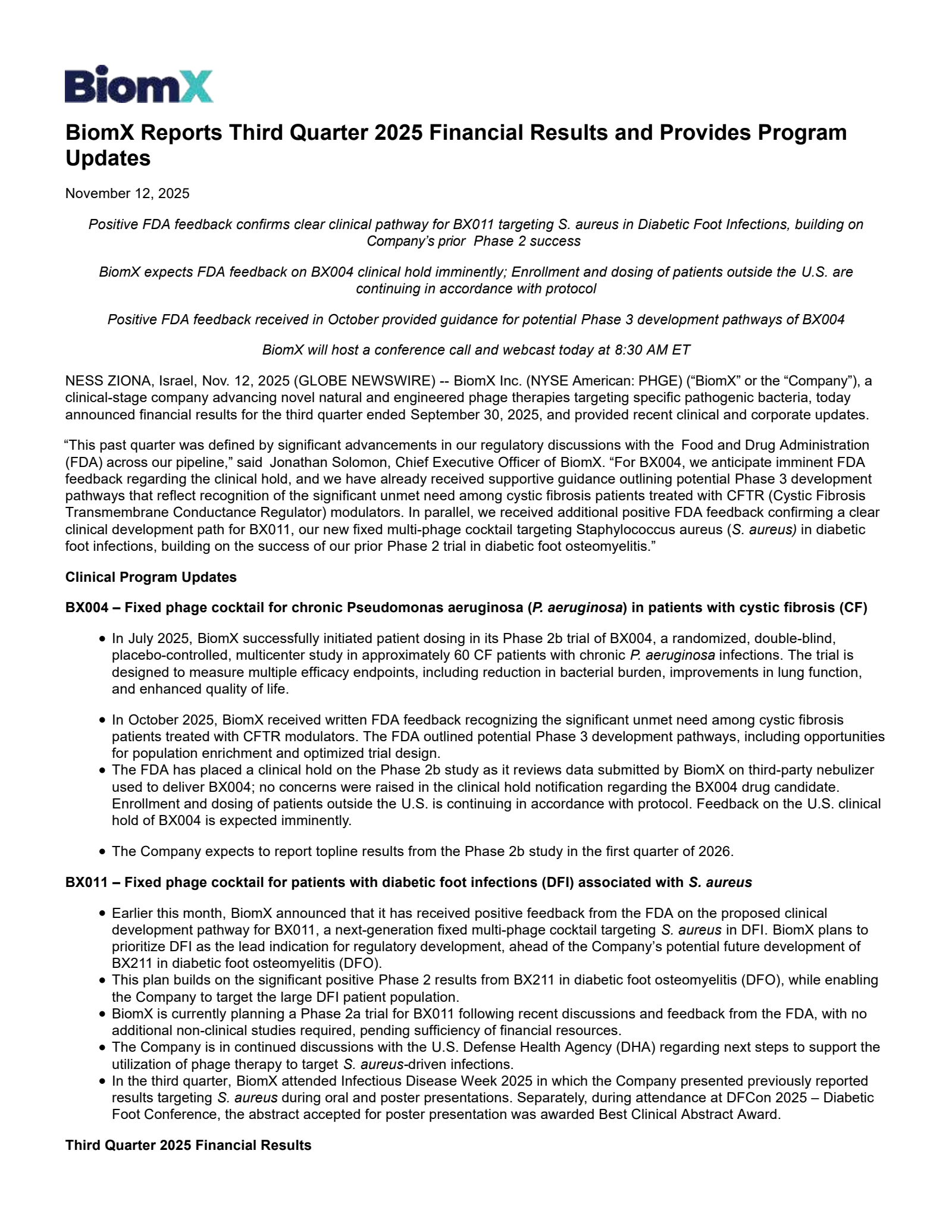 BiomX's Q3 2025 Earnings Release