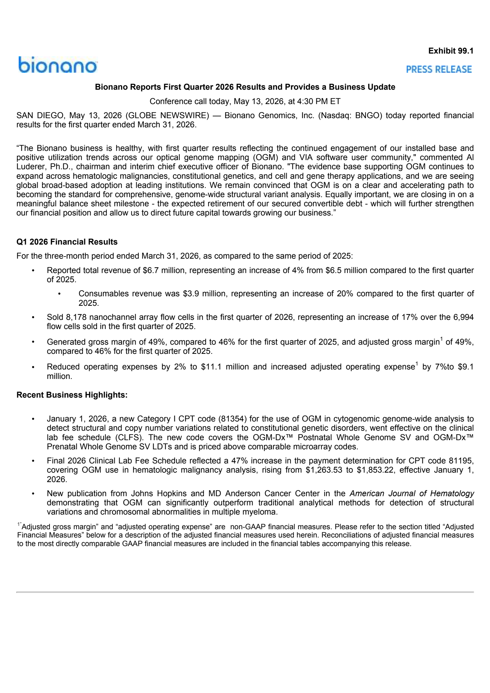 Bionano Genomics' Q1 2026 Press Release