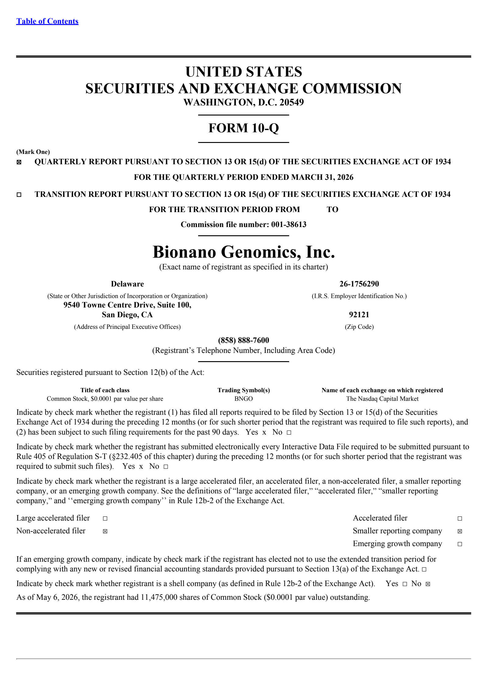Bionano Genomics' Q1 2026 Quarterly report