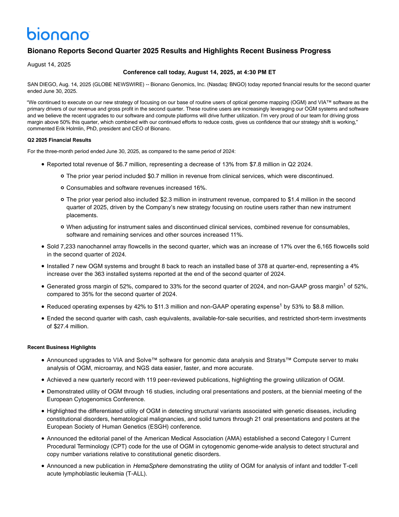 Bionano Genomics' Q2 2025 Press Release
