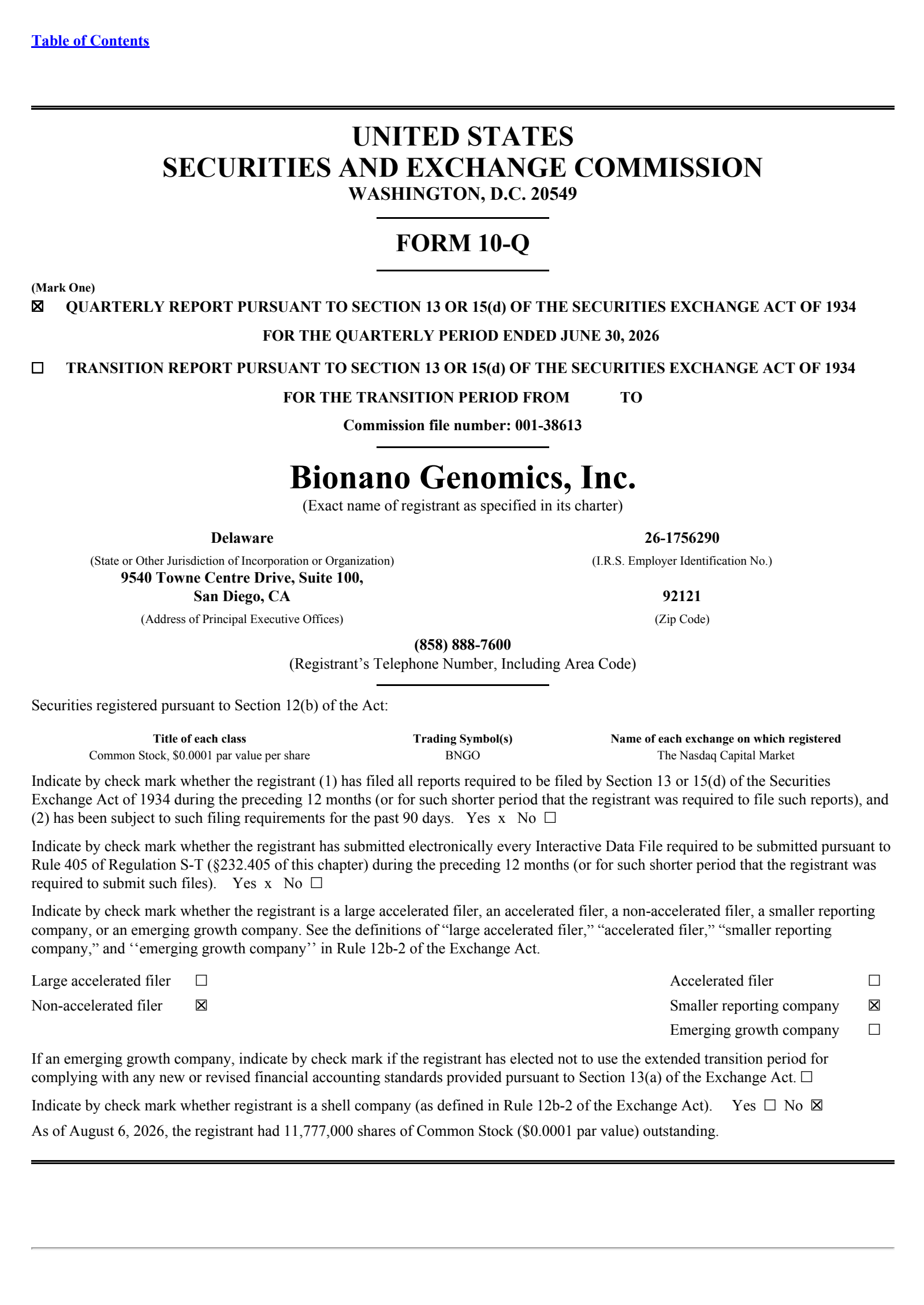 Bionano Genomics' Q2 2026 Quarterly report