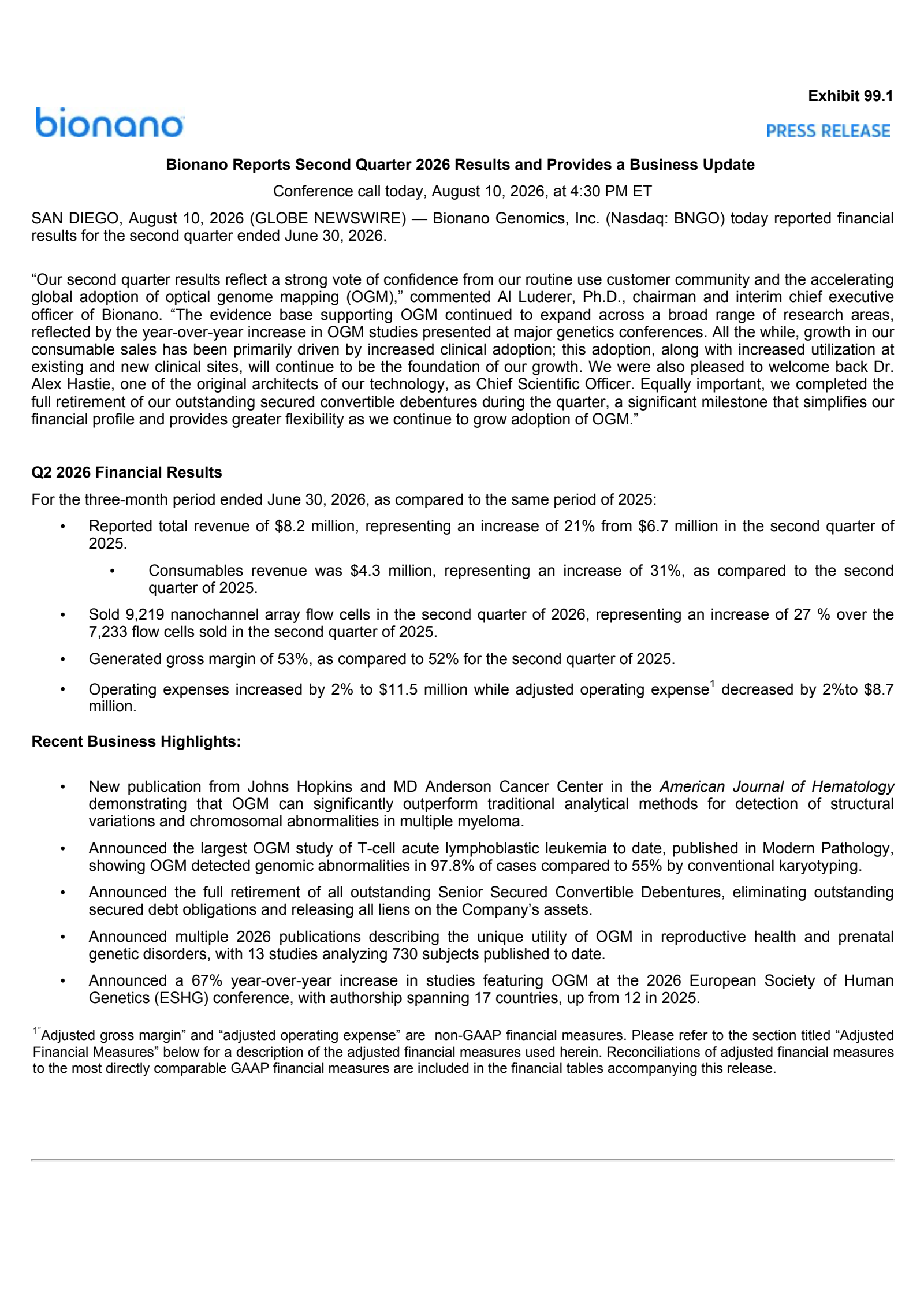 Bionano Genomics' Q2 2026 Press Release
