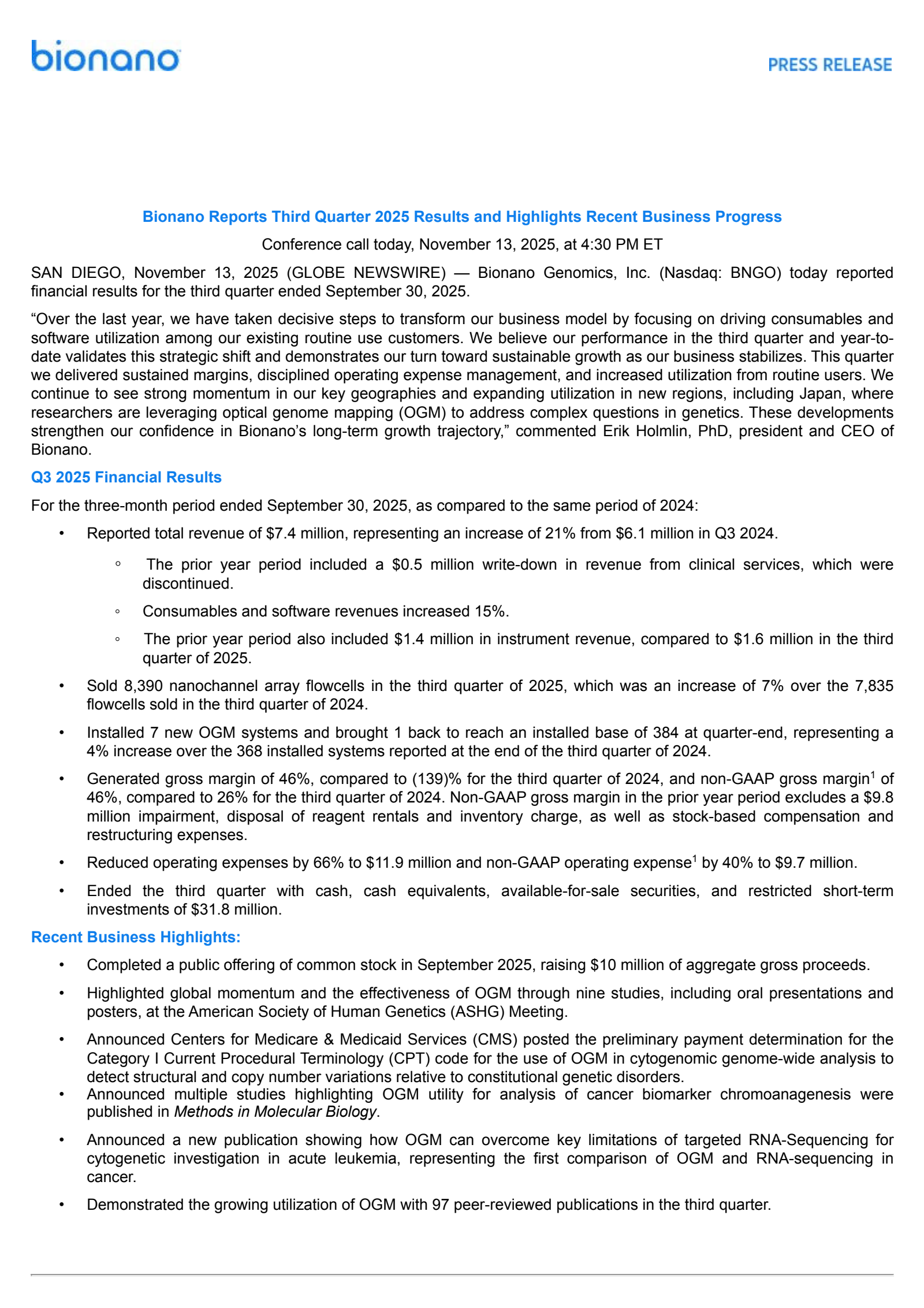 Bionano Genomics' Q3 2025 Earnings Release